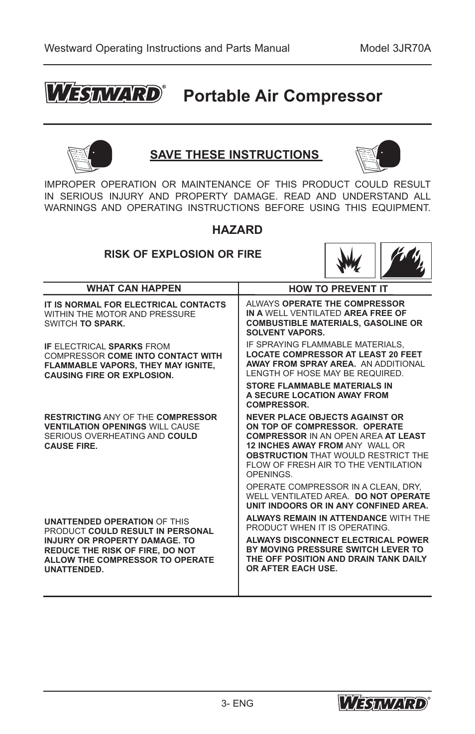 Portable air compressor, Save these instructions, Hazard | Risk of explosion or fire | Westward 3JR70A User Manual | Page 3 / 72