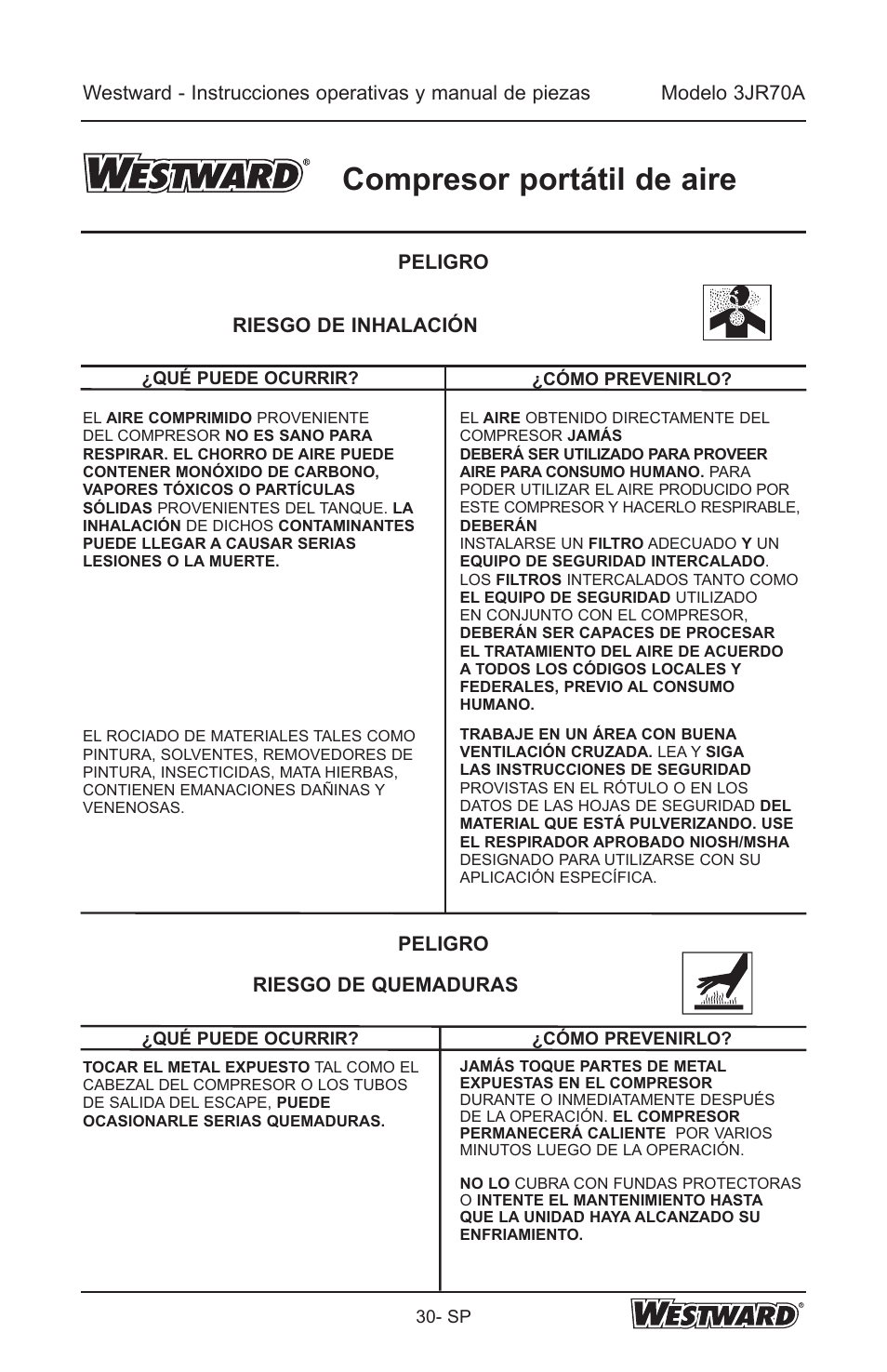 Compresor portátil de aire, Peligro riesgo de inhalación, Peligro riesgo de quemaduras | Westward 3JR70A User Manual | Page 30 / 72