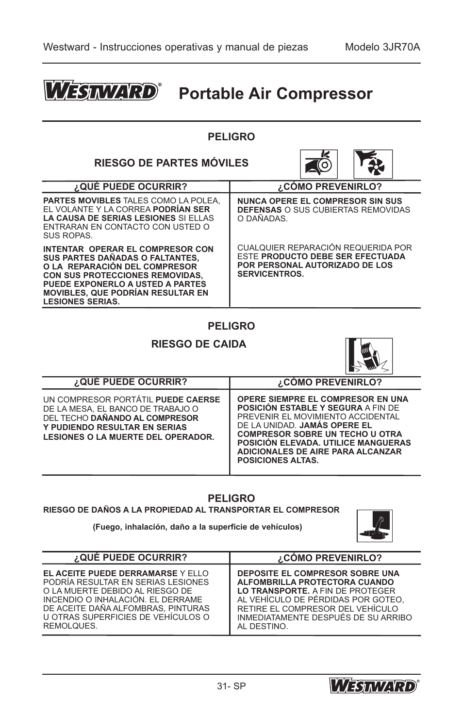 Portable air compressor, Peligro, Peligro riesgo de partes móviles | Peligro riesgo de caida | Westward 3JR70A User Manual | Page 31 / 72
