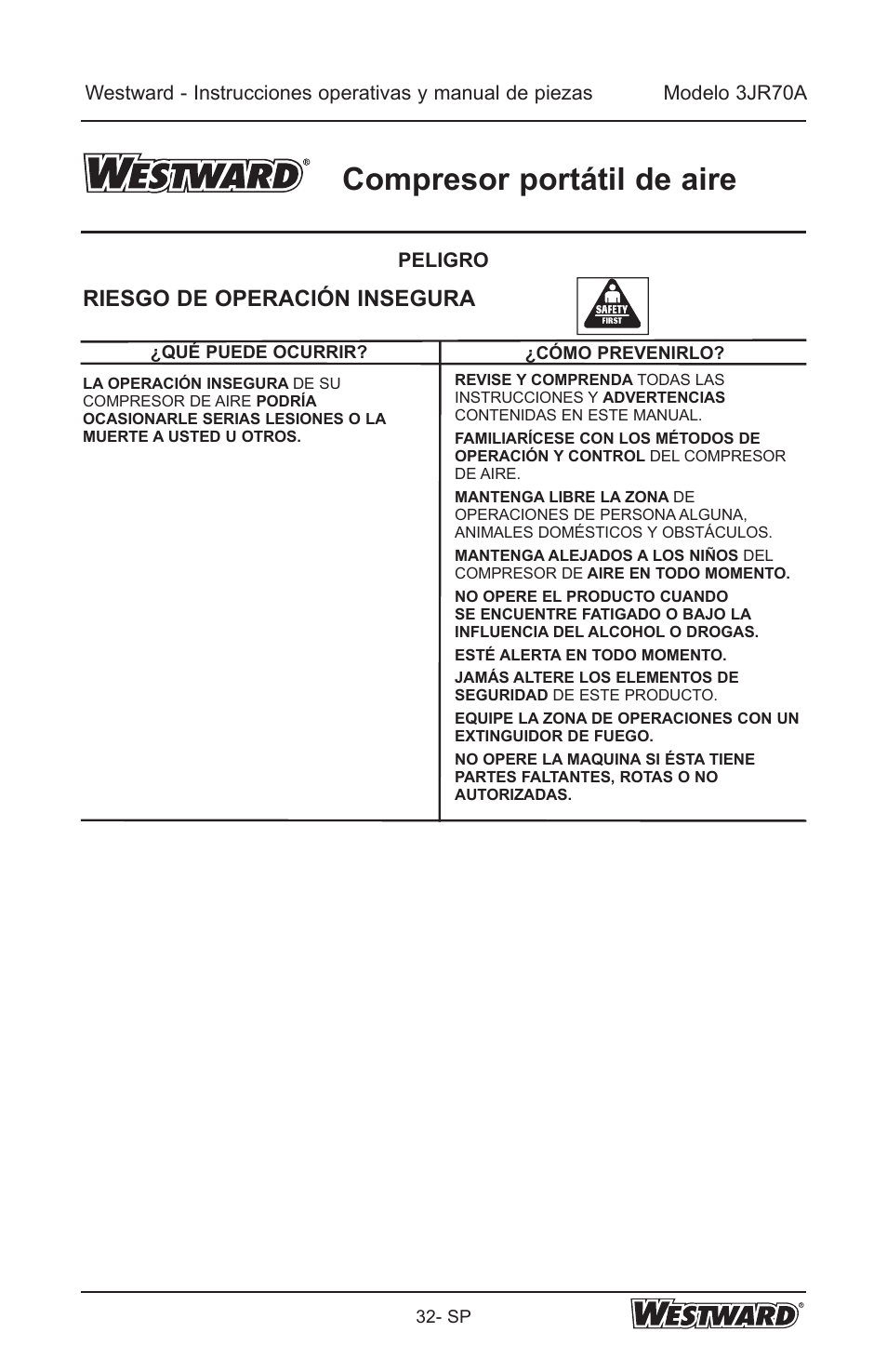 Compresor portátil de aire, Riesgo de operación insegura | Westward 3JR70A User Manual | Page 32 / 72