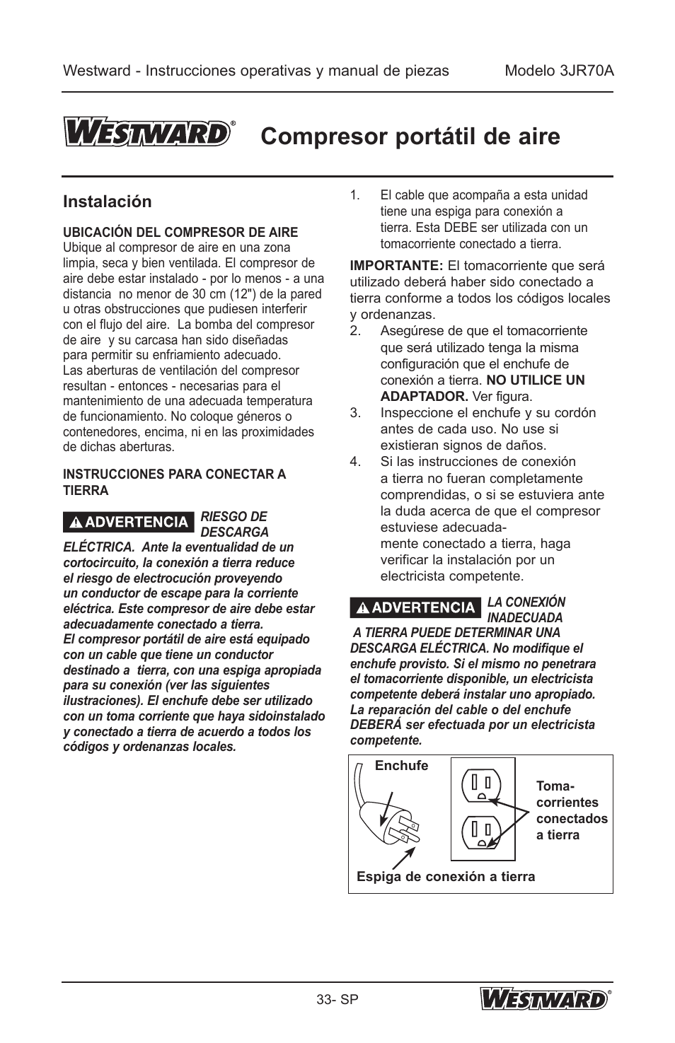 Compresor portátil de aire, Instalación | Westward 3JR70A User Manual | Page 33 / 72