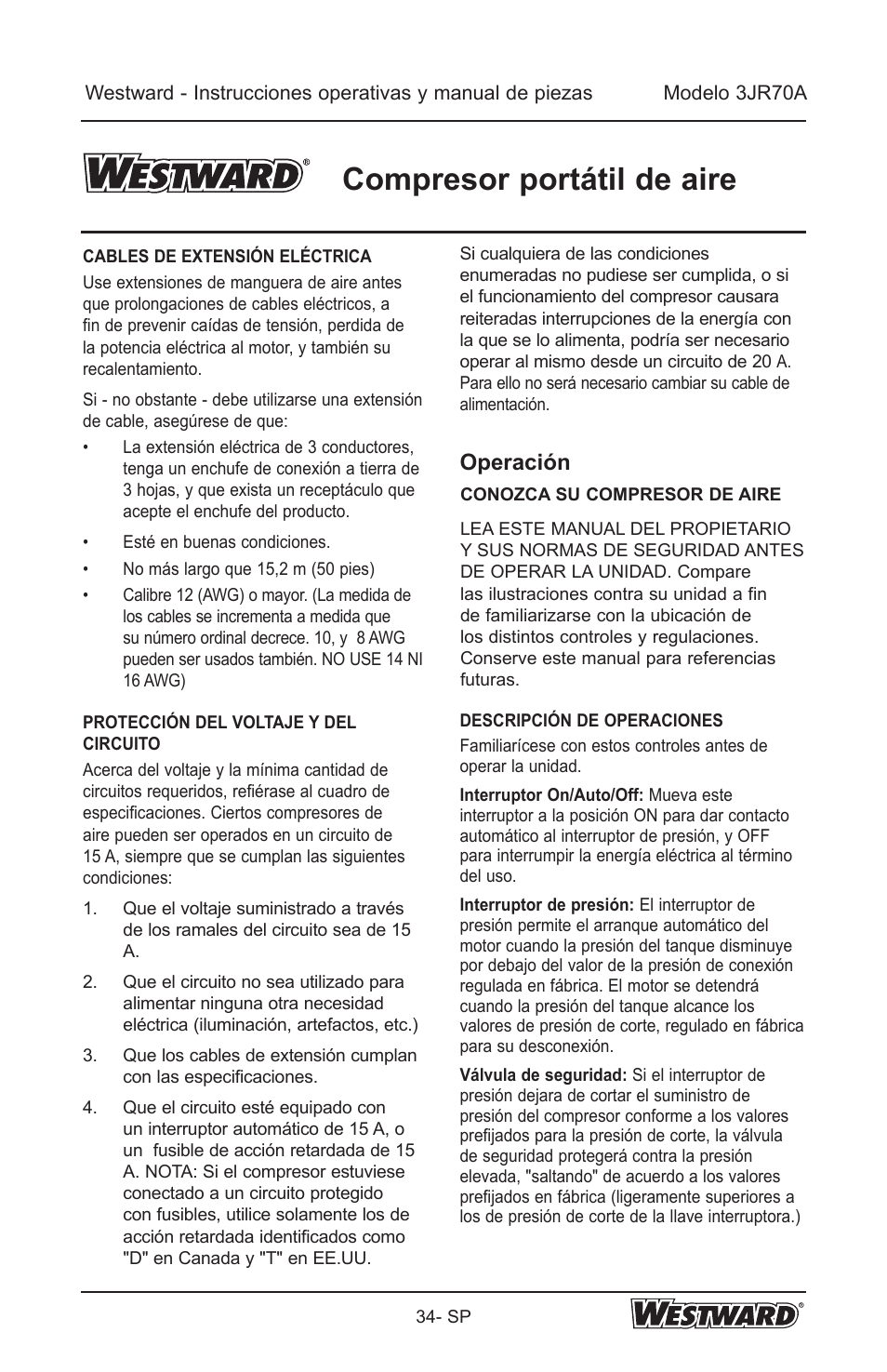 Compresor portátil de aire, Operación | Westward 3JR70A User Manual | Page 34 / 72