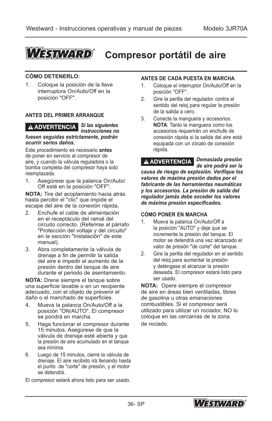 Compresor portátil de aire | Westward 3JR70A User Manual | Page 36 / 72