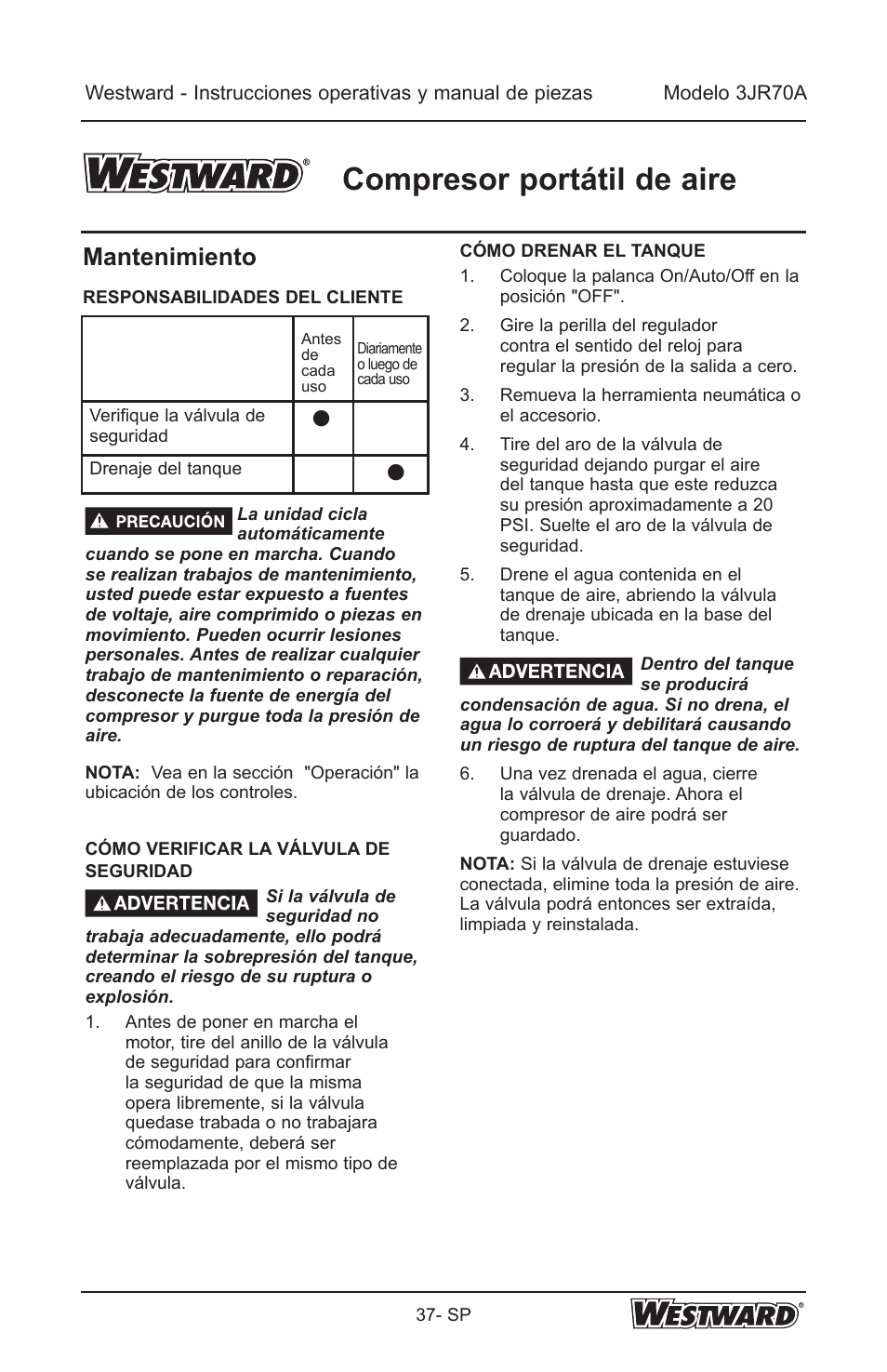 Compresor portátil de aire, Mantenimiento | Westward 3JR70A User Manual | Page 37 / 72