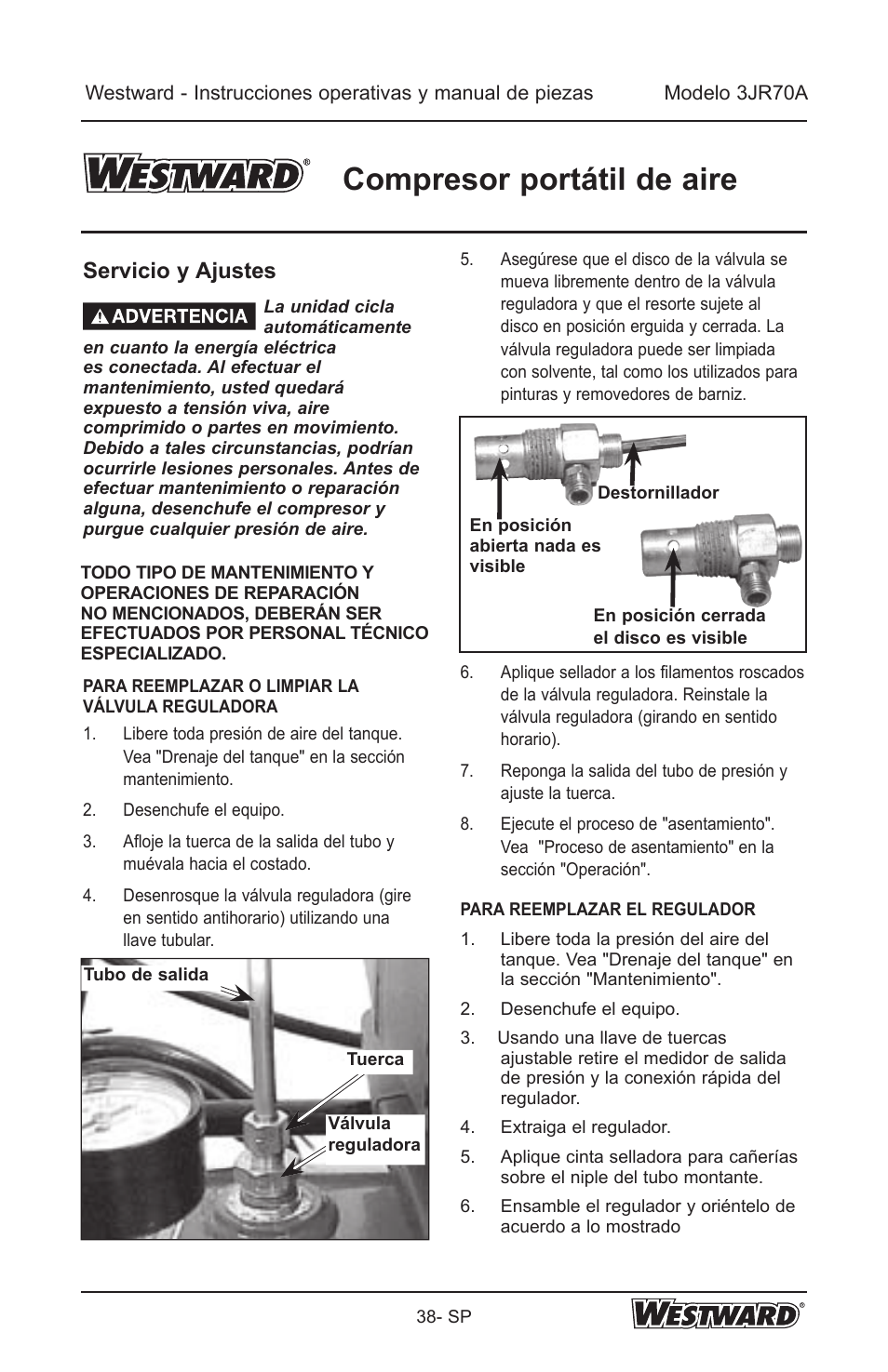 Compresor portátil de aire, Servicio y ajustes | Westward 3JR70A User Manual | Page 38 / 72