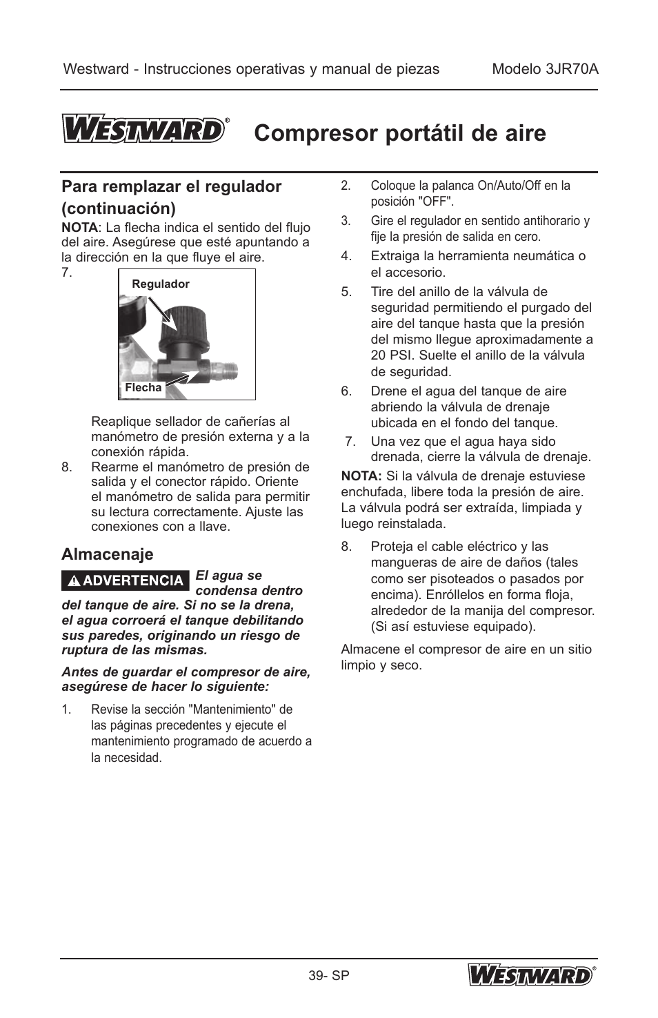Compresor portátil de aire, Para remplazar el regulador (continuación), Almacenaje | Westward 3JR70A User Manual | Page 39 / 72