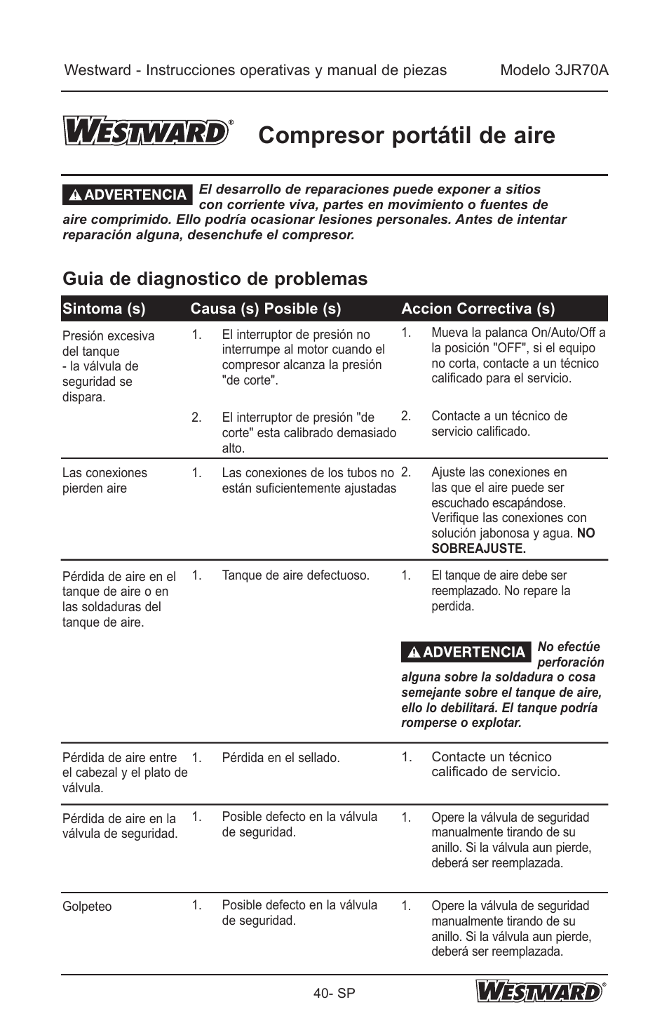 Compresor portátil de aire, Guia de diagnostico de problemas | Westward 3JR70A User Manual | Page 40 / 72