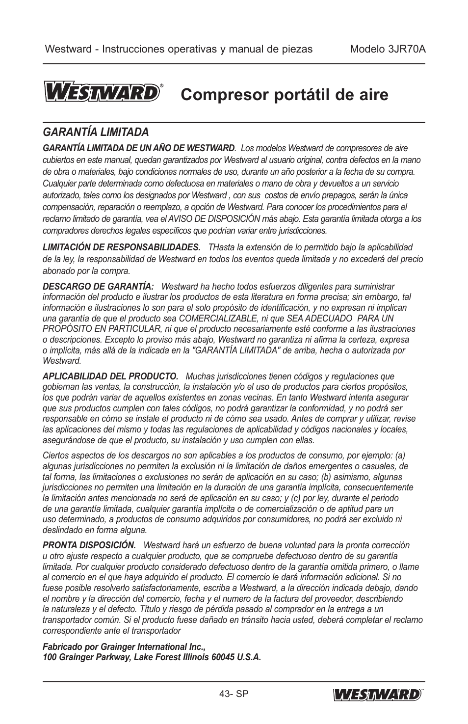 Compresor portátil de aire, Garantía limitada | Westward 3JR70A User Manual | Page 43 / 72