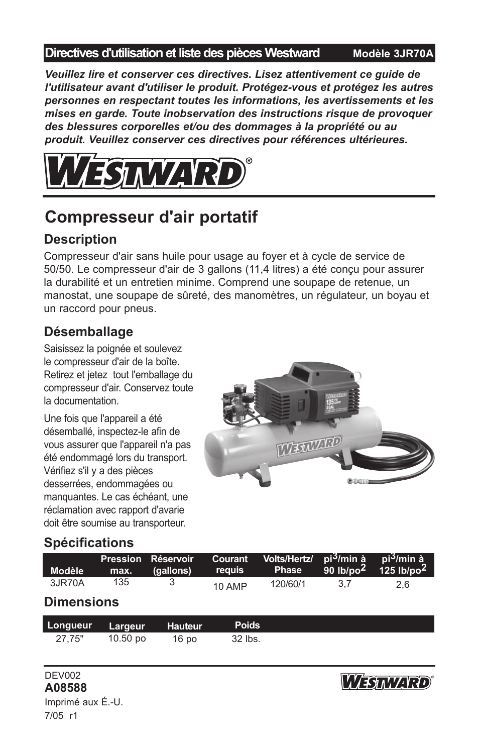 Compresseur d'air portatif, Spécifications dimensions description, Désemballage | Westward 3JR70A User Manual | Page 49 / 72