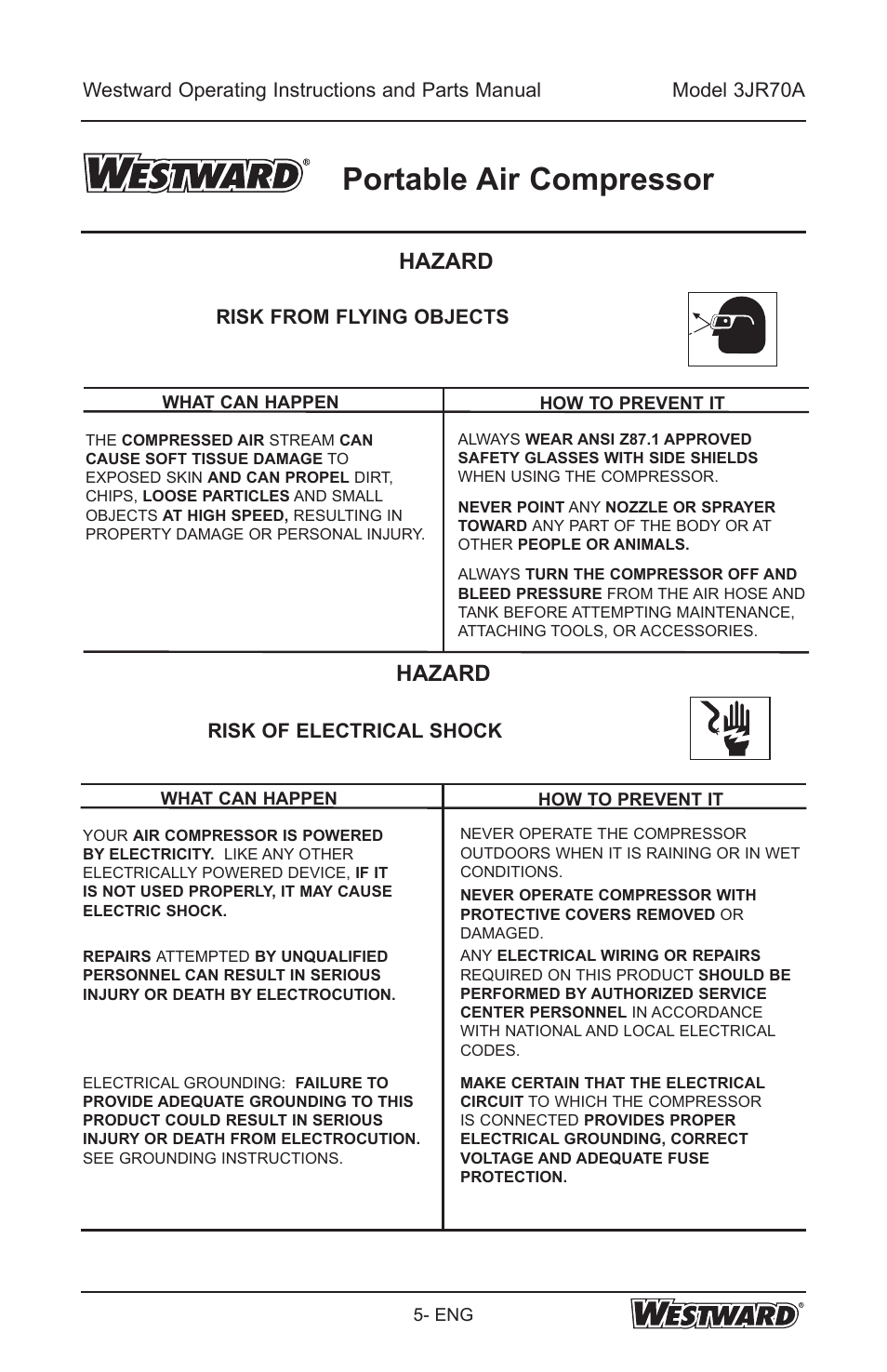 Portable air compressor, Hazard, Risk of electrical shock | Risk from flying objects | Westward 3JR70A User Manual | Page 5 / 72