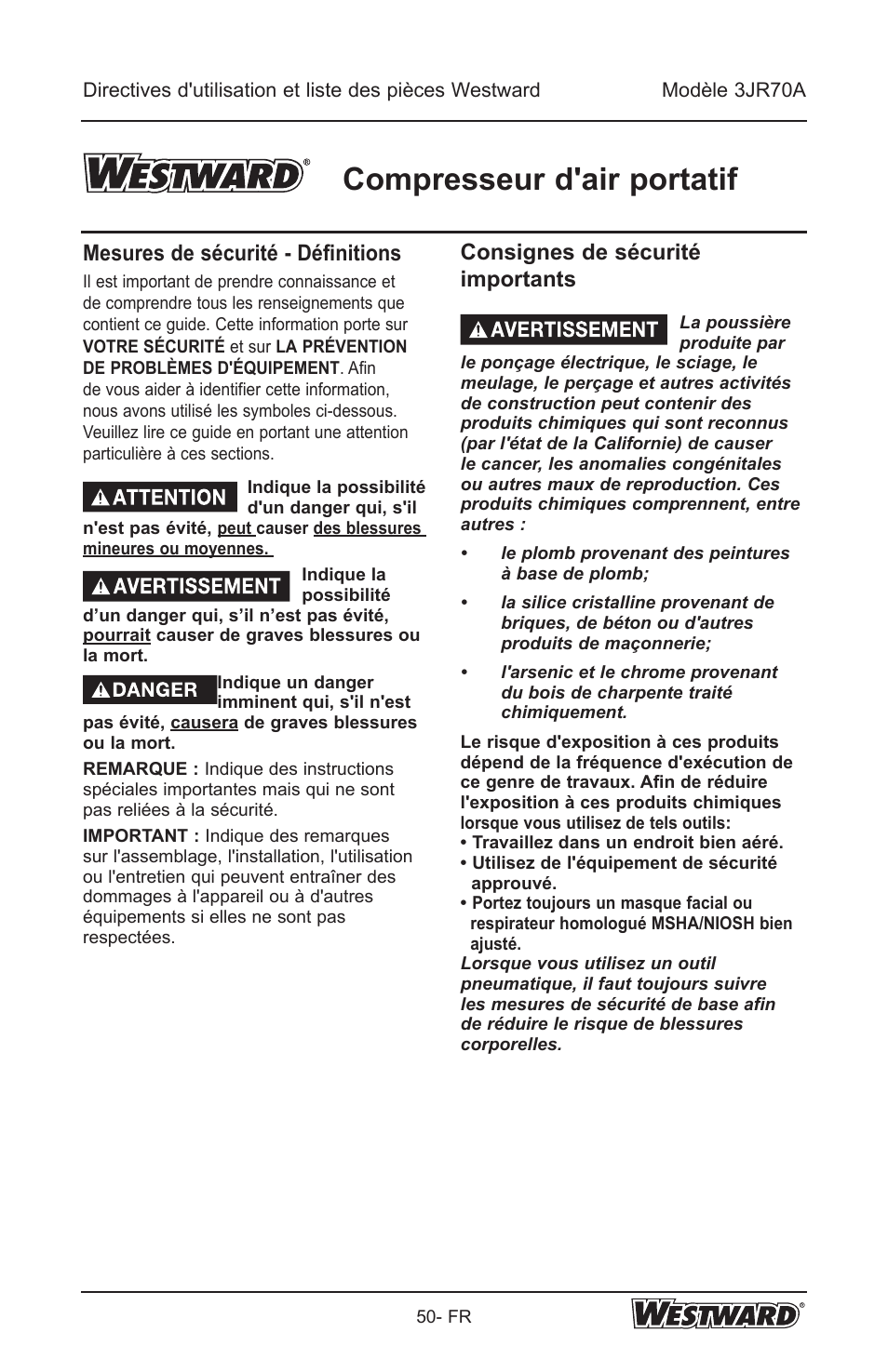 Compresseur d'air portatif, Mesures de sécurité - définitions, Consignes de sécurité importants | Westward 3JR70A User Manual | Page 50 / 72