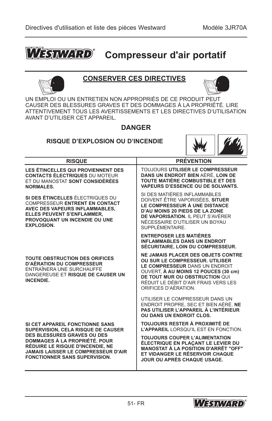 Compresseur d'air portatif, Conserver ces directives, Danger | Risque d’explosion ou d’incendie | Westward 3JR70A User Manual | Page 51 / 72