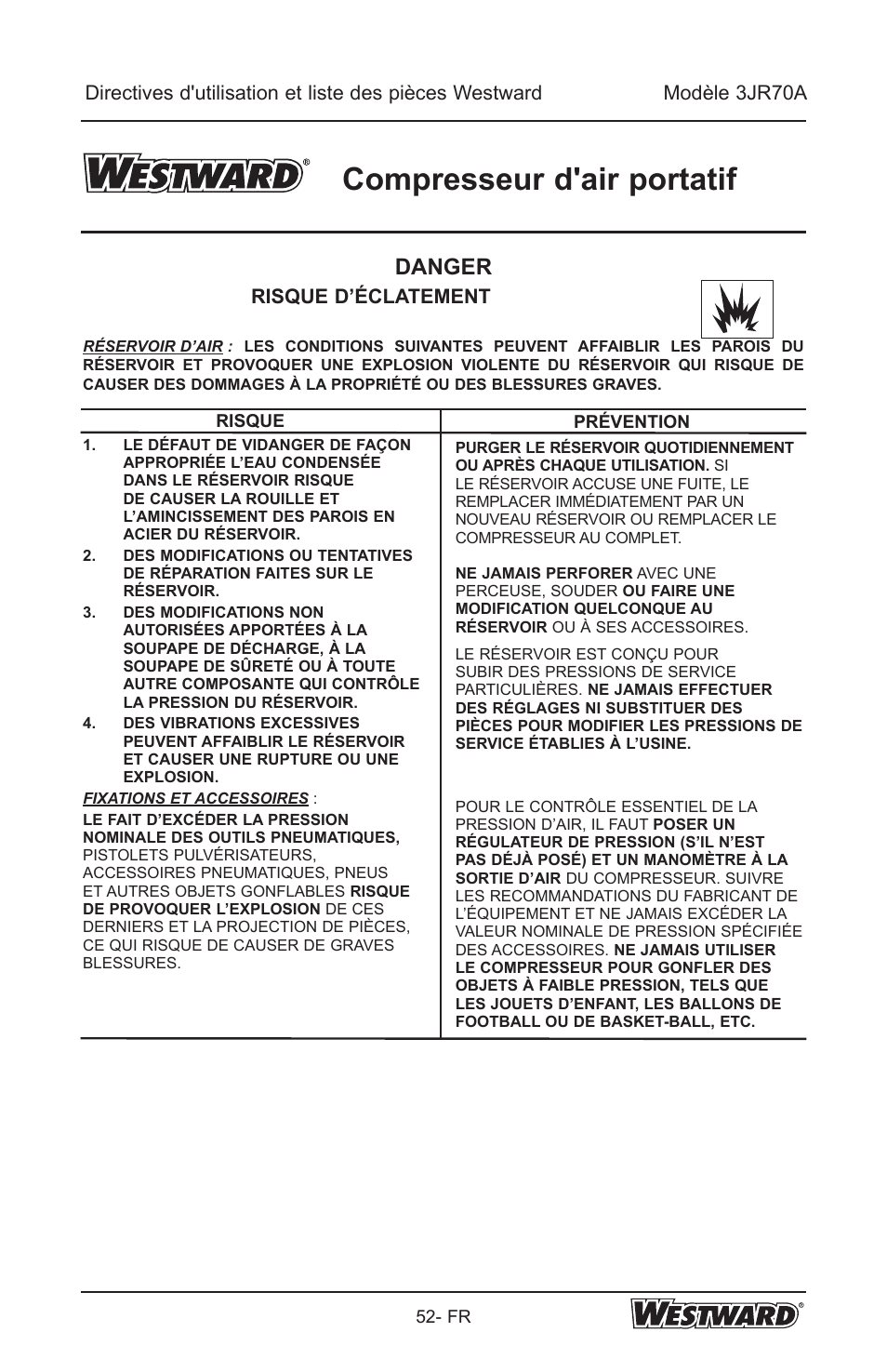 Compresseur d'air portatif, Danger, Risque d’éclatement | Westward 3JR70A User Manual | Page 52 / 72