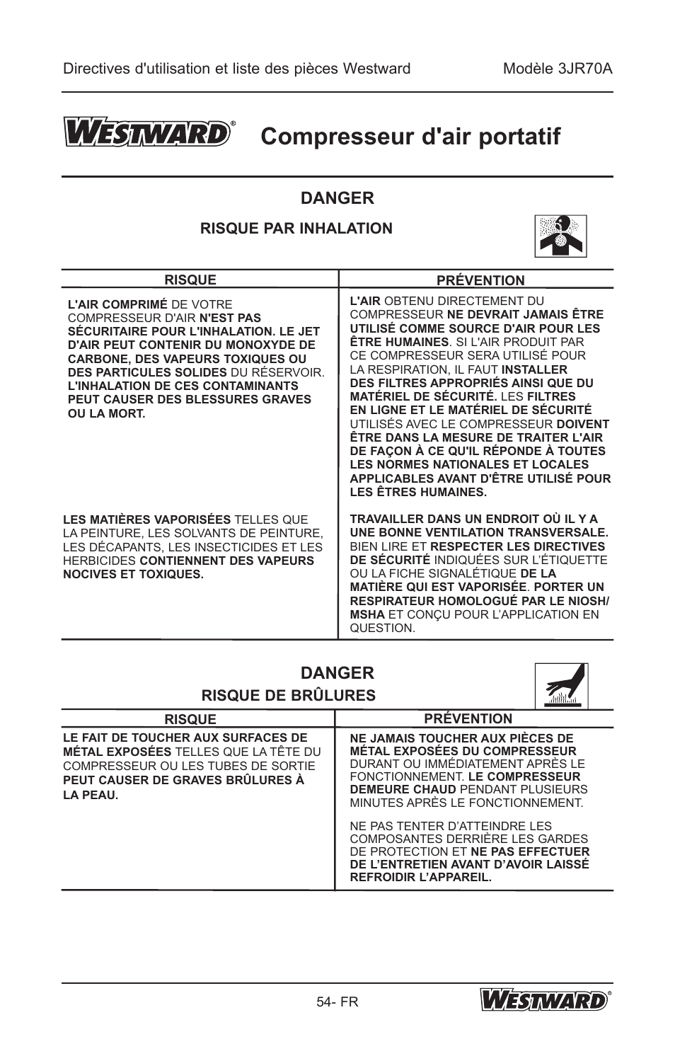 Compresseur d'air portatif, Danger, Risque de brûlures | Risque par inhalation | Westward 3JR70A User Manual | Page 54 / 72