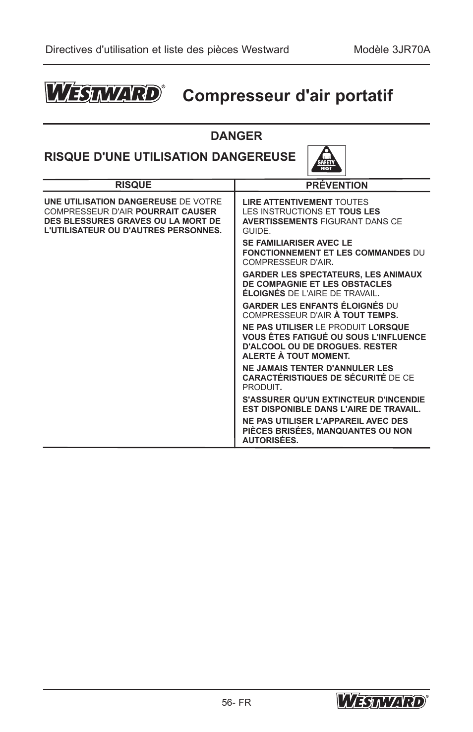 Compresseur d'air portatif, Danger risque d'une utilisation dangereuse | Westward 3JR70A User Manual | Page 56 / 72