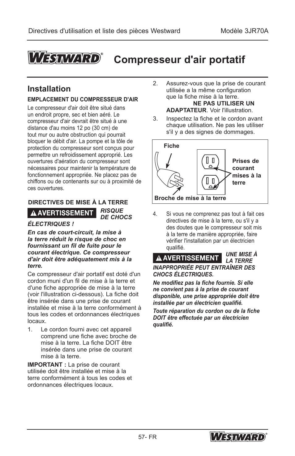 Compresseur d'air portatif, Installation | Westward 3JR70A User Manual | Page 57 / 72
