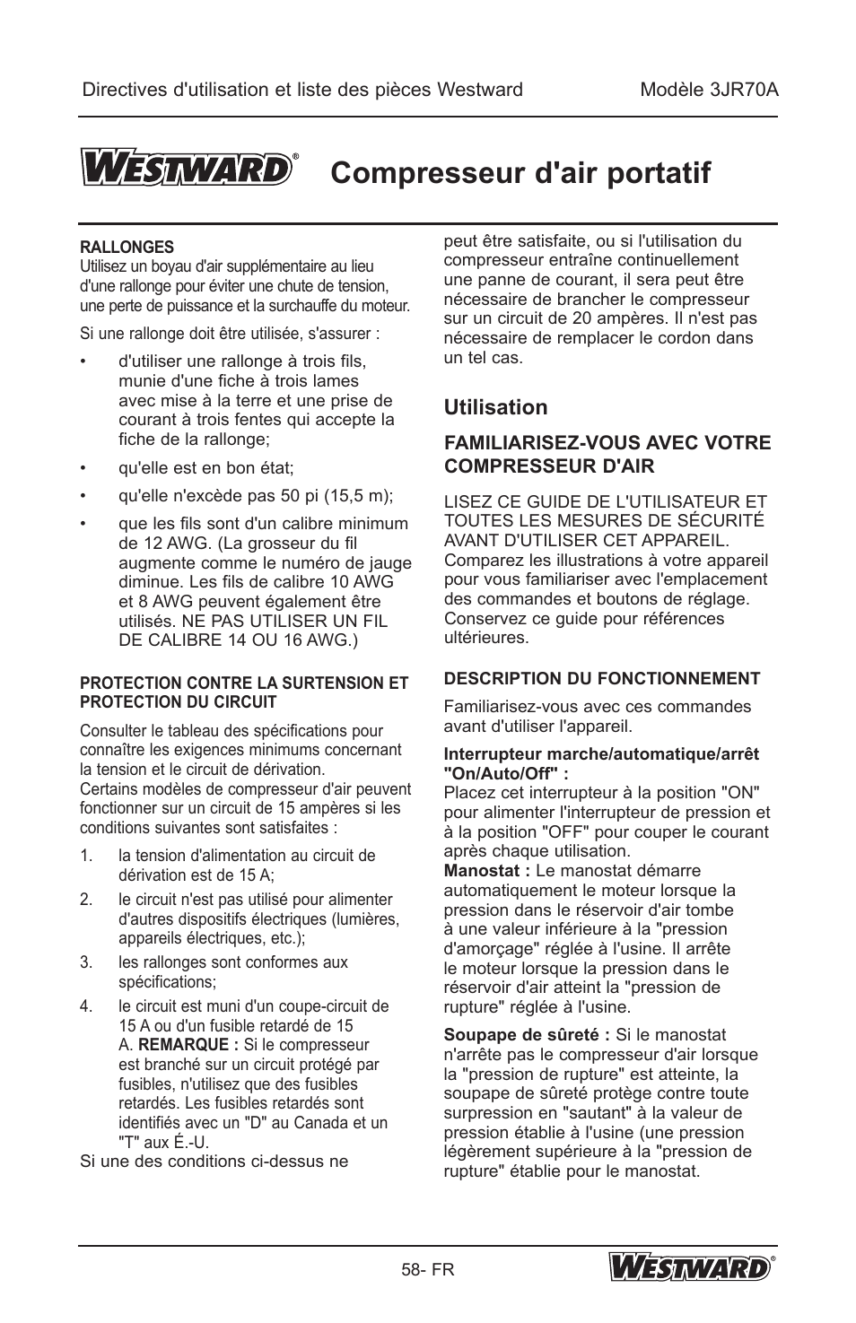 Compresseur d'air portatif, Utilisation | Westward 3JR70A User Manual | Page 58 / 72