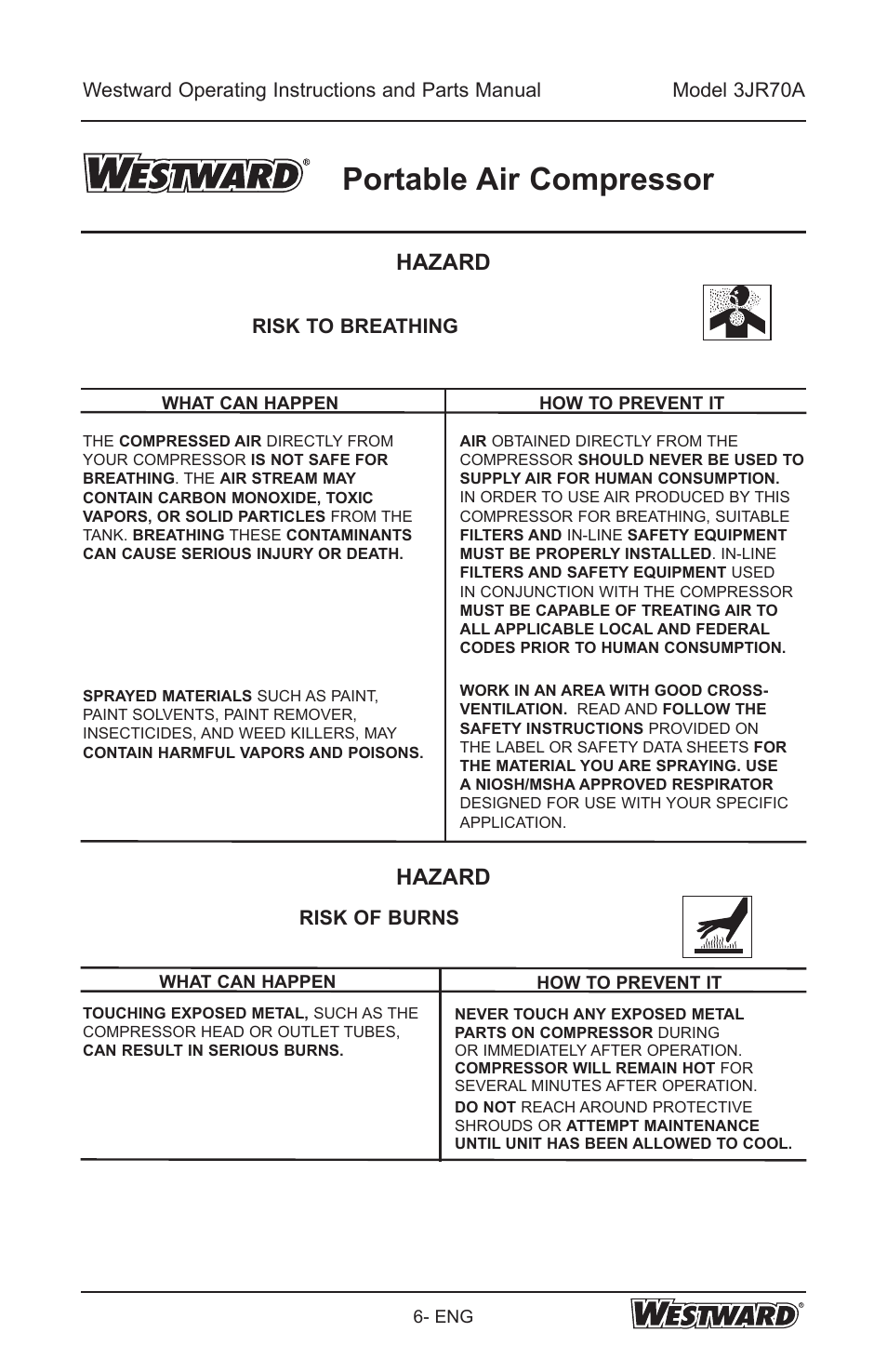 Portable air compressor, Hazard, Risk to breathing | Risk of burns | Westward 3JR70A User Manual | Page 6 / 72