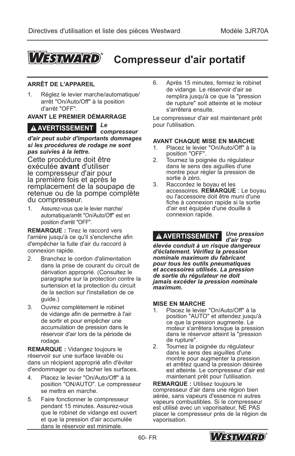 Compresseur d'air portatif | Westward 3JR70A User Manual | Page 60 / 72