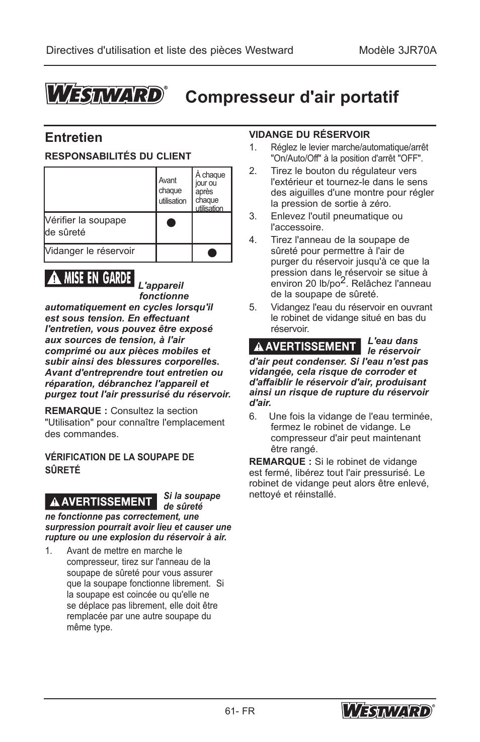 Compresseur d'air portatif, Entretien | Westward 3JR70A User Manual | Page 61 / 72