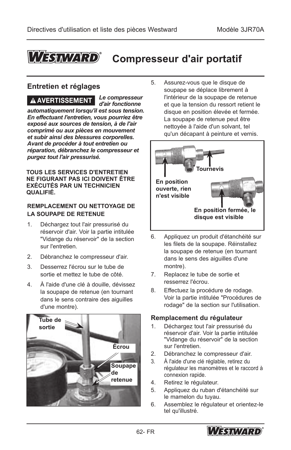 Compresseur d'air portatif, Entretien et réglages | Westward 3JR70A User Manual | Page 62 / 72