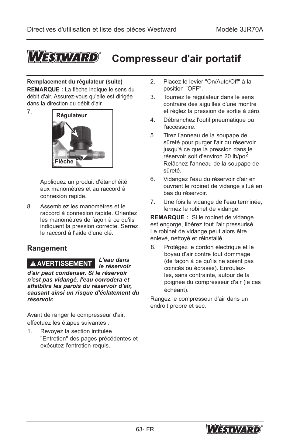 Compresseur d'air portatif, Rangement | Westward 3JR70A User Manual | Page 63 / 72