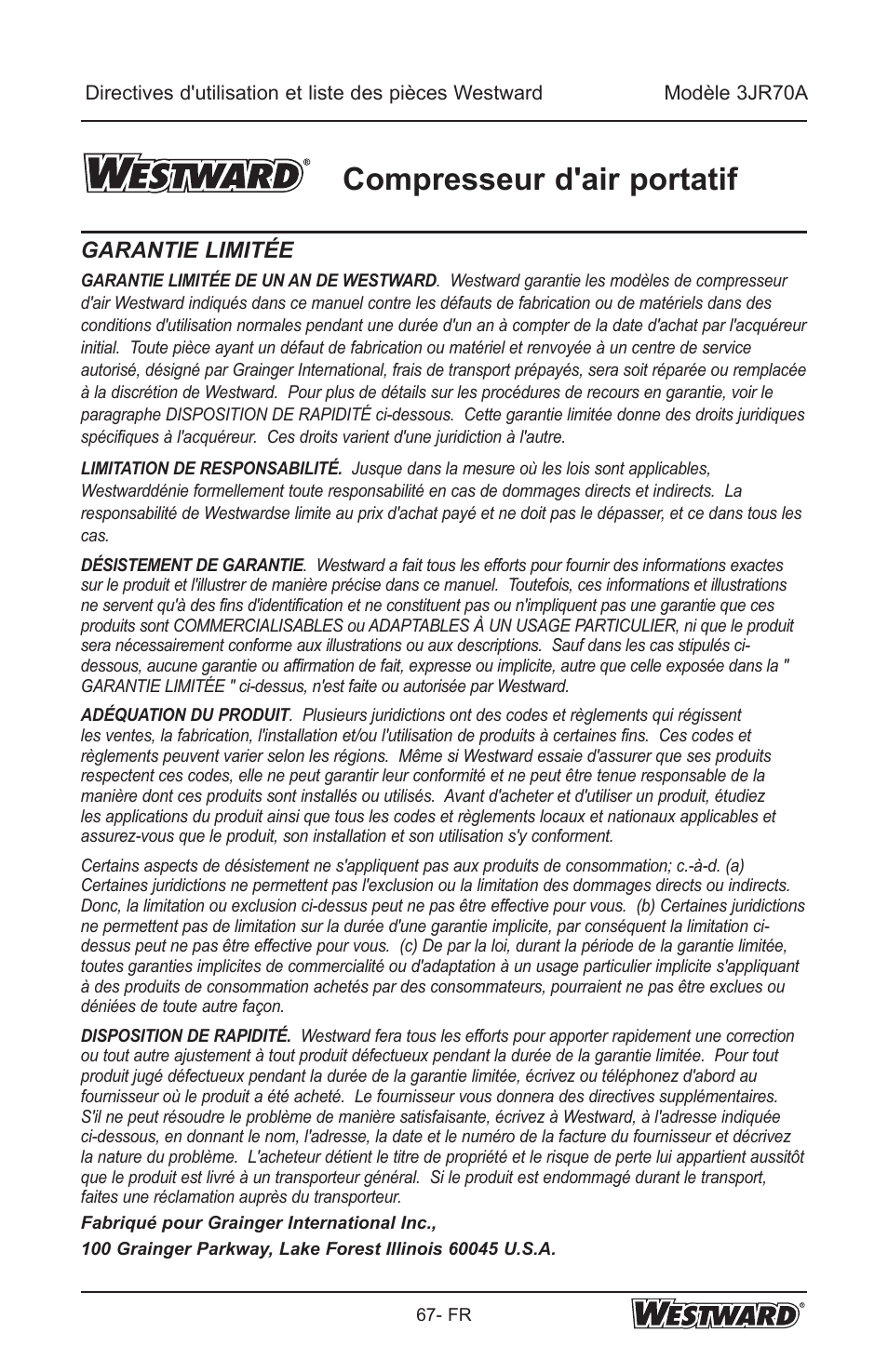 Compresseur d'air portatif, Garantie limitée | Westward 3JR70A User Manual | Page 67 / 72