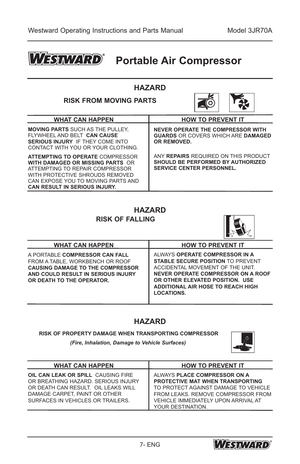 Portable air compressor, Hazard, Risk from moving parts | Risk of falling | Westward 3JR70A User Manual | Page 7 / 72