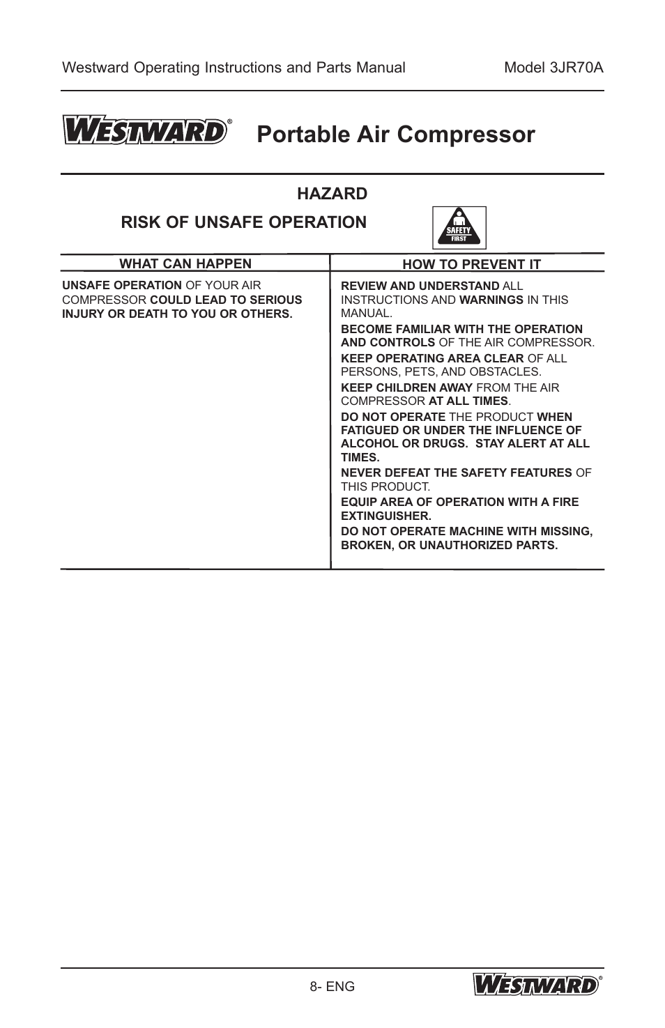 Portable air compressor, Hazard, Risk of unsafe operation | Westward 3JR70A User Manual | Page 8 / 72