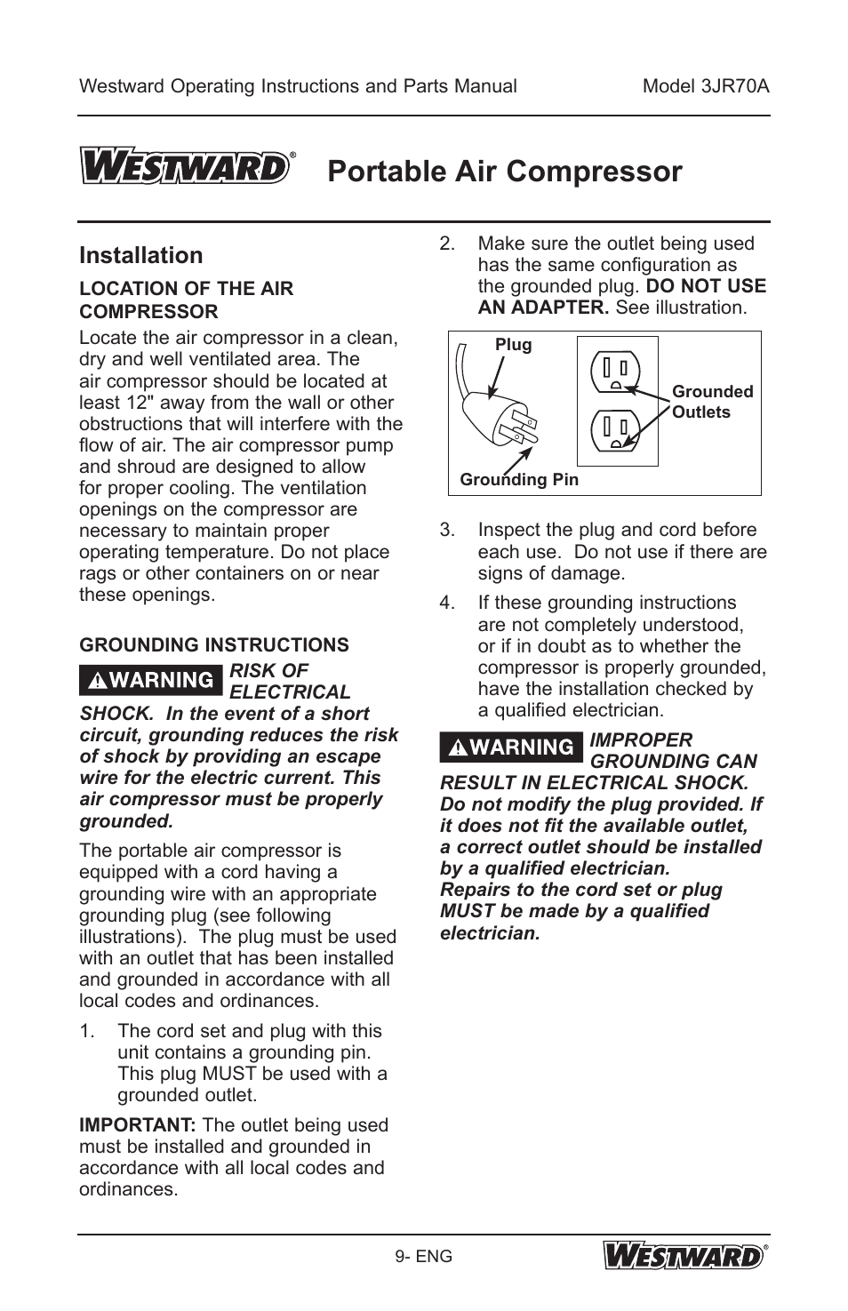Portable air compressor, Installation | Westward 3JR70A User Manual | Page 9 / 72