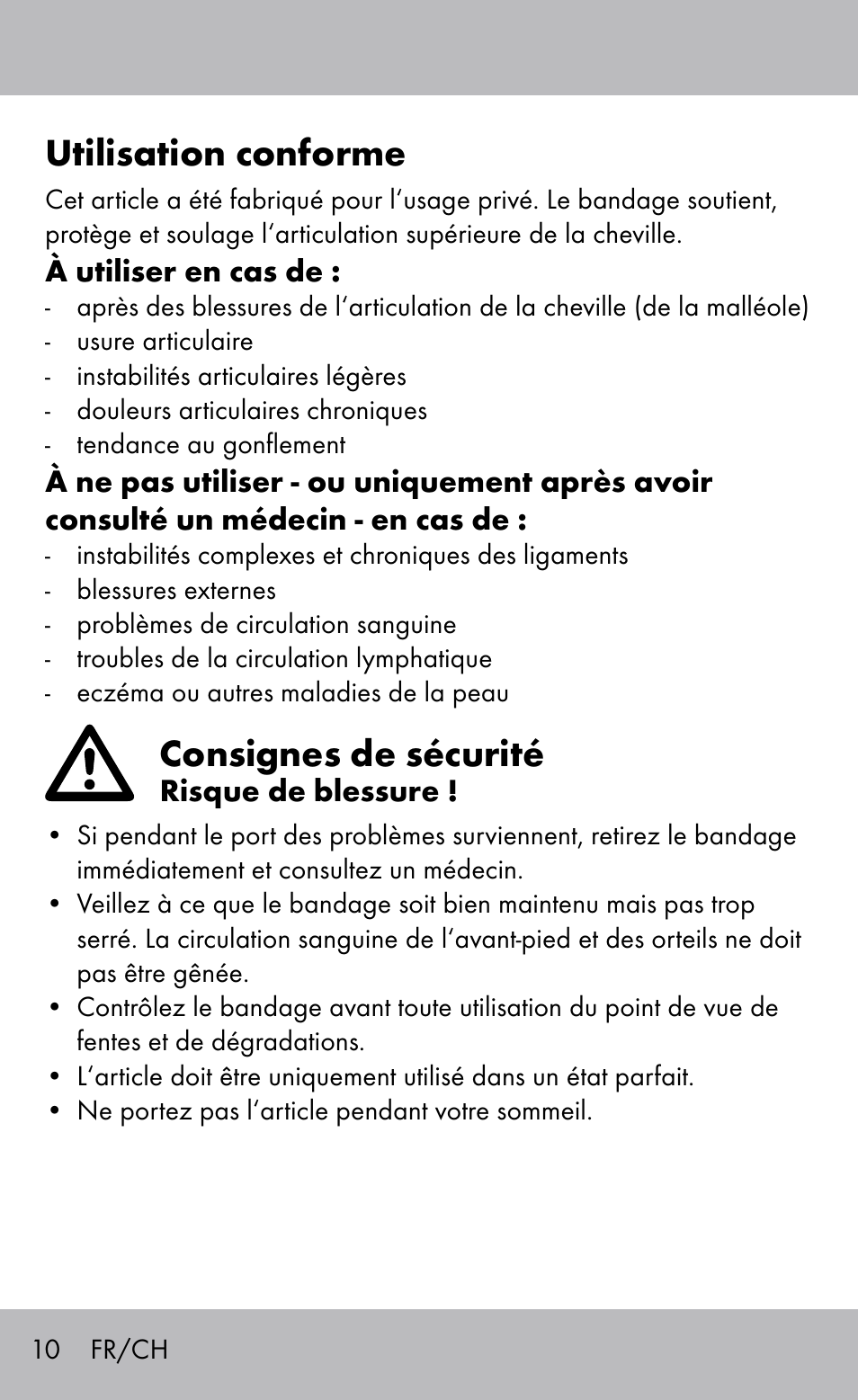 Utilisation conforme, Consignes de sécurité | Sensiplast Ankle Brace User Manual | Page 10 / 24