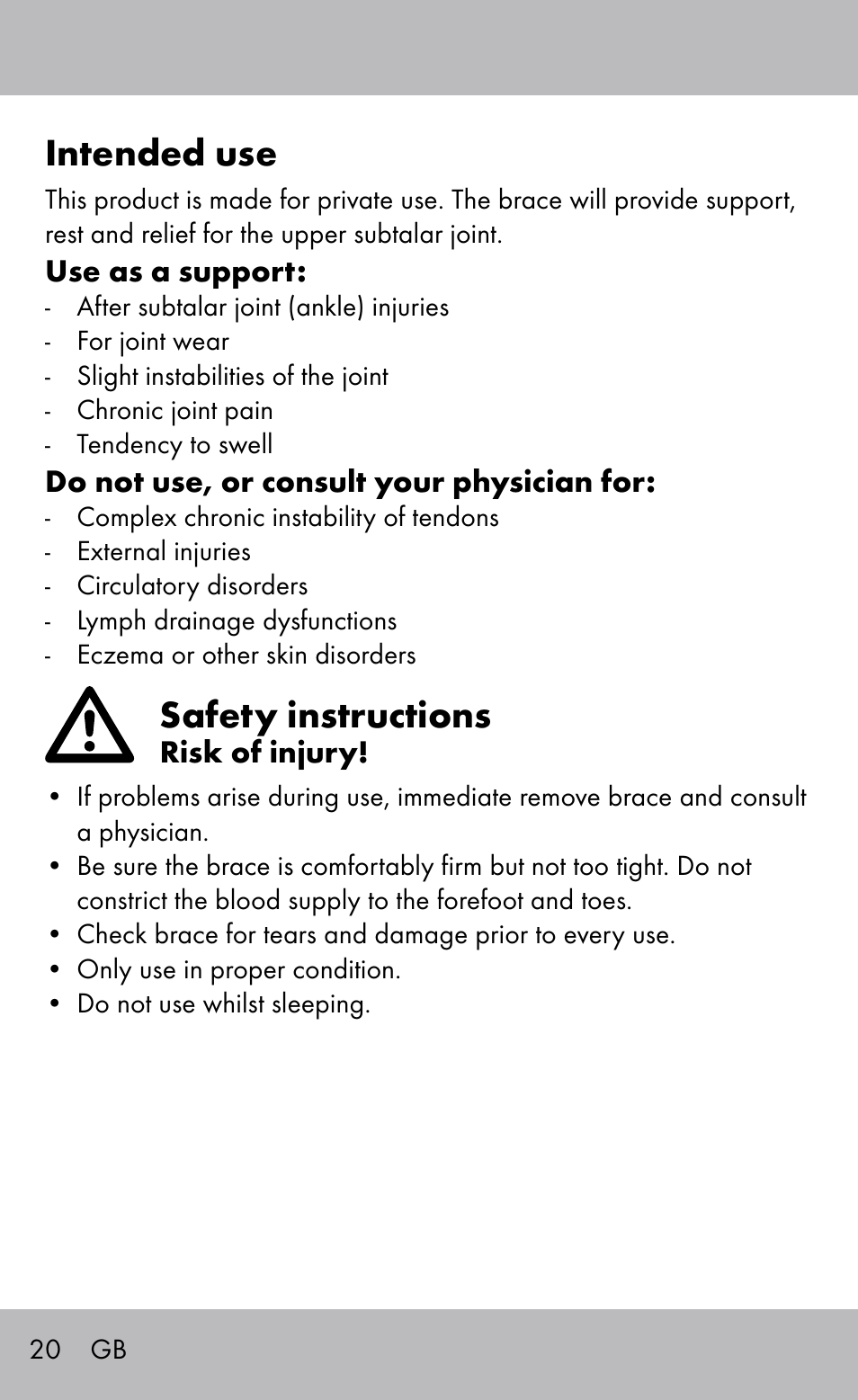 Intended use, Safety instructions | Sensiplast Ankle Brace User Manual | Page 20 / 24