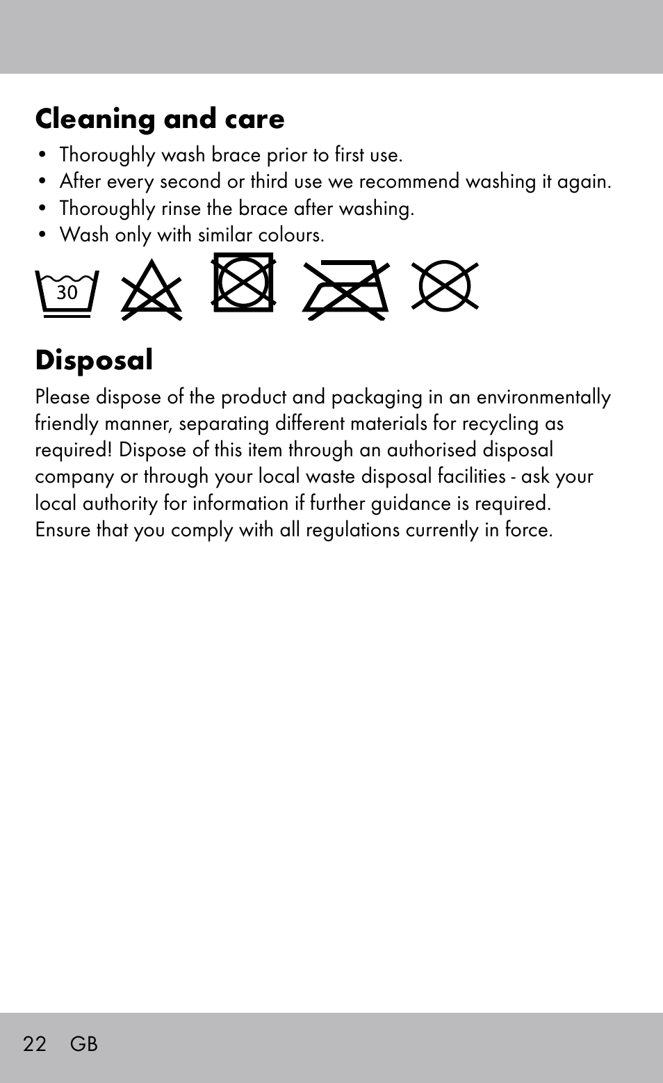 Cleaning and care, Disposal | Sensiplast Ankle Brace User Manual | Page 22 / 24
