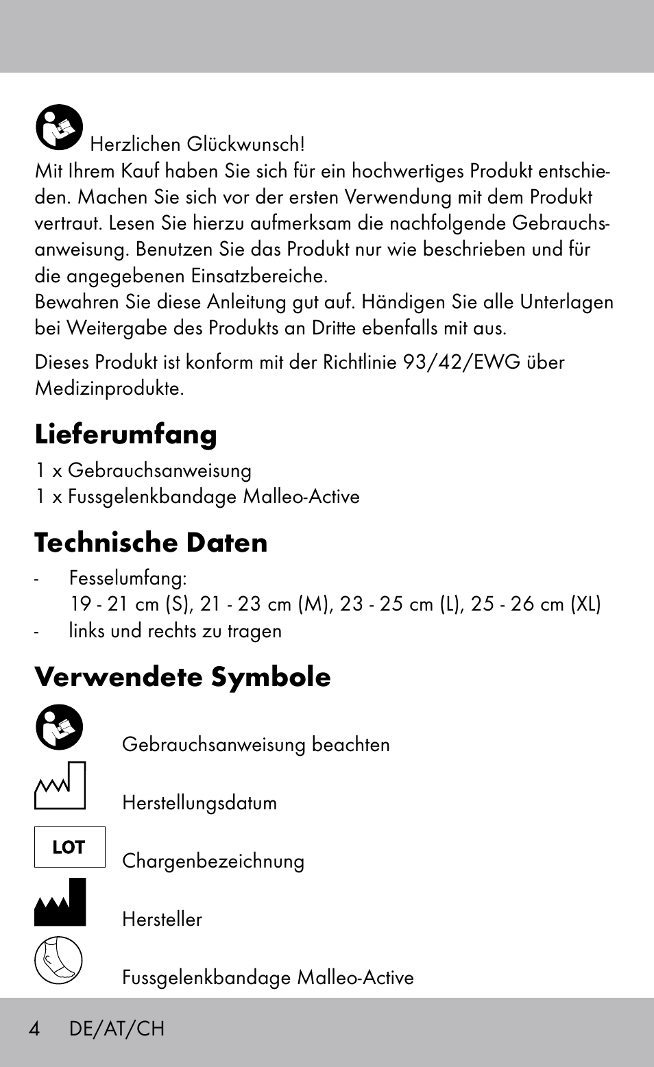 Lieferumfang, Technische daten, Verwendete symbole | Sensiplast Ankle Brace User Manual | Page 4 / 24