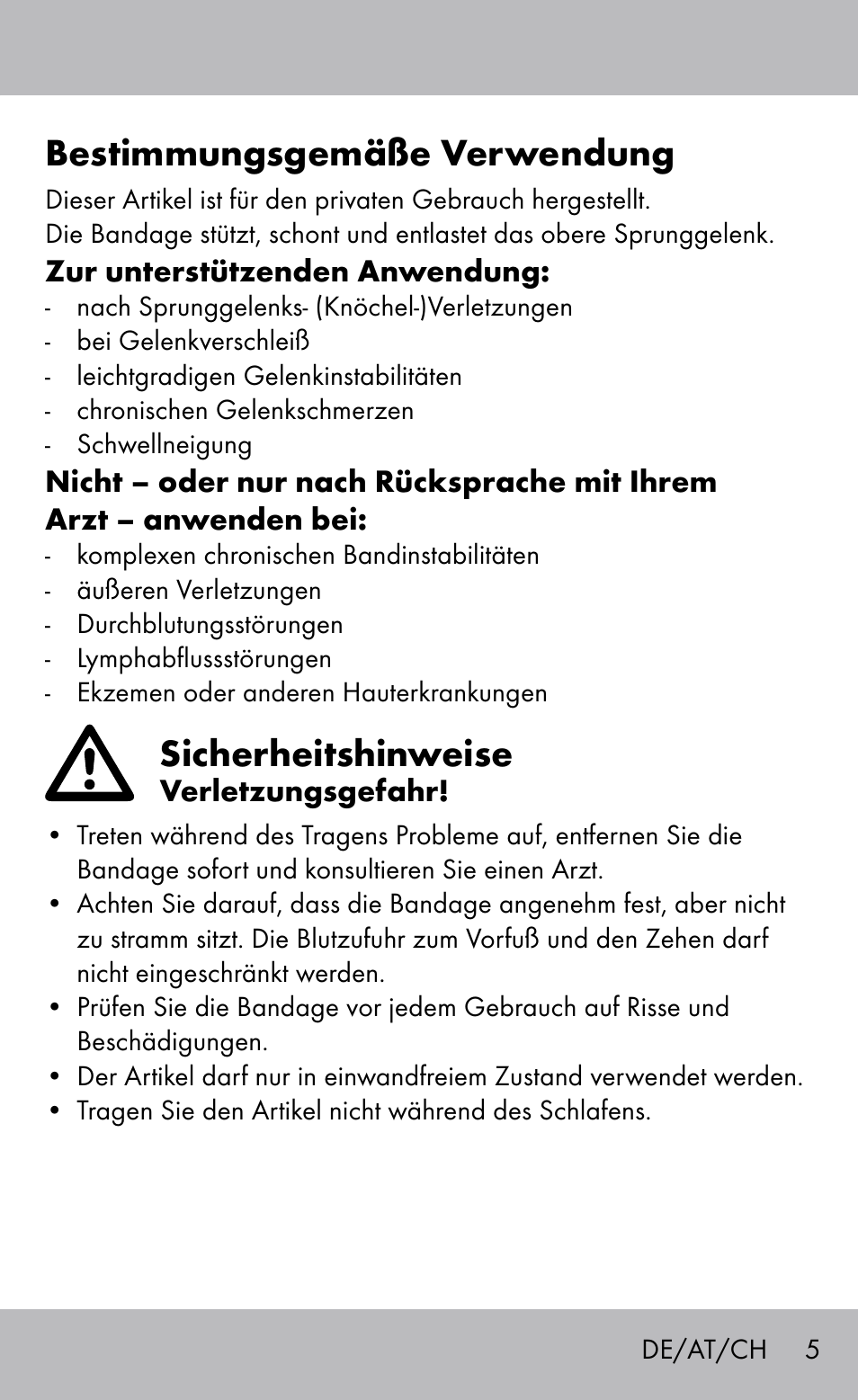 Bestimmungsgemäße verwendung, Sicherheitshinweise | Sensiplast Ankle Brace User Manual | Page 5 / 24