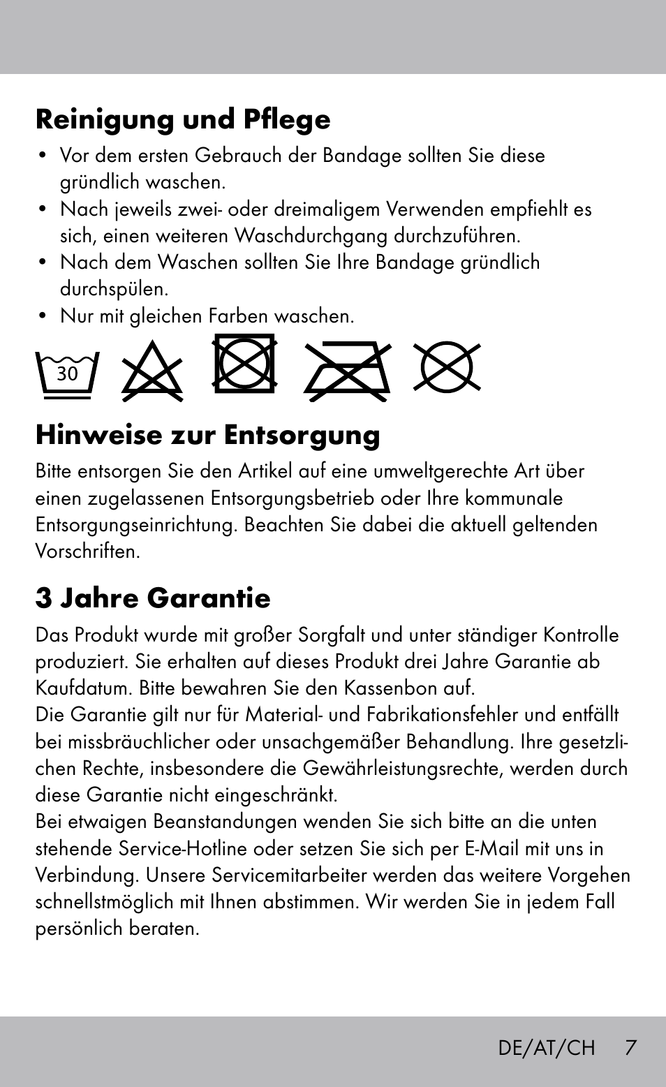 Reinigung und pflege, Hinweise zur entsorgung, 3 jahre garantie | Sensiplast Ankle Brace User Manual | Page 7 / 24