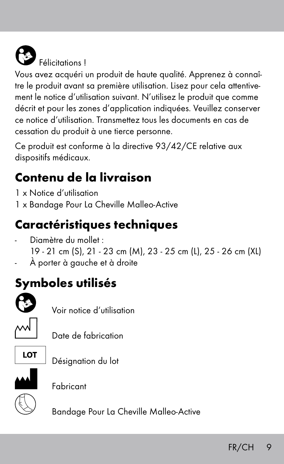 Contenu de la livraison, Caractéristiques techniques, Symboles utilisés | Sensiplast Ankle Brace User Manual | Page 9 / 24
