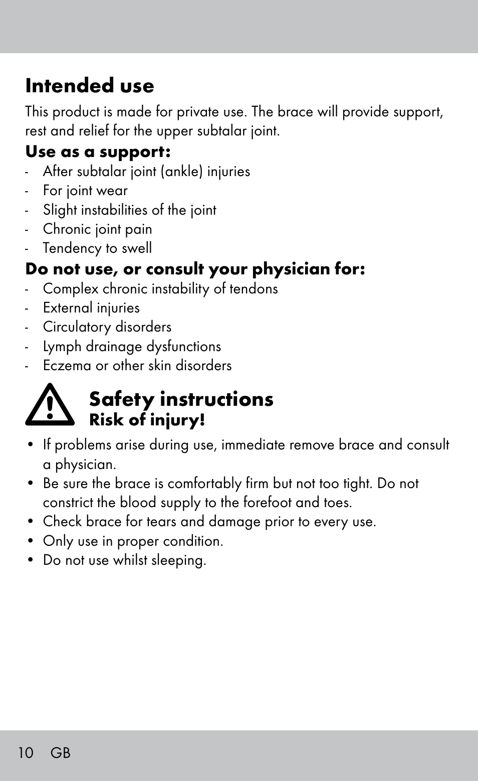 Intended use, Safety instructions | Sensiplast Ankle Brace User Manual | Page 10 / 20