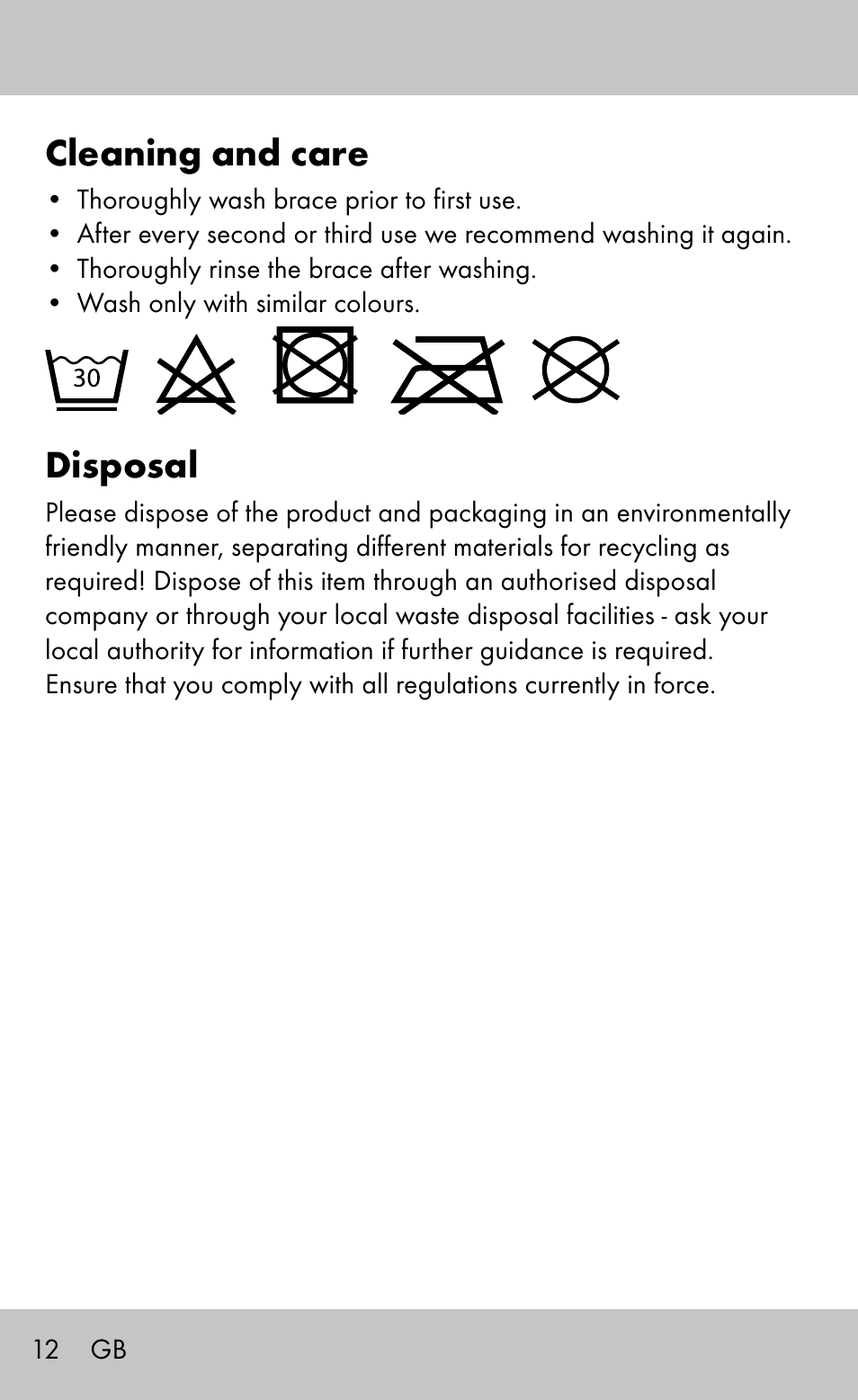 Cleaning and care, Disposal | Sensiplast Ankle Brace User Manual | Page 12 / 20