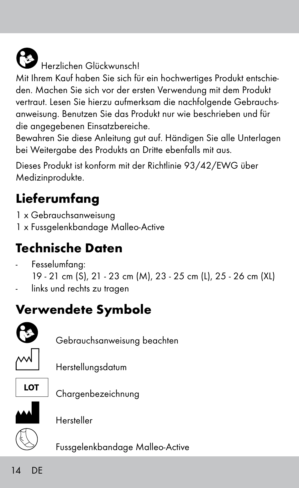 Lieferumfang, Technische daten, Verwendete symbole | Sensiplast Ankle Brace User Manual | Page 14 / 20