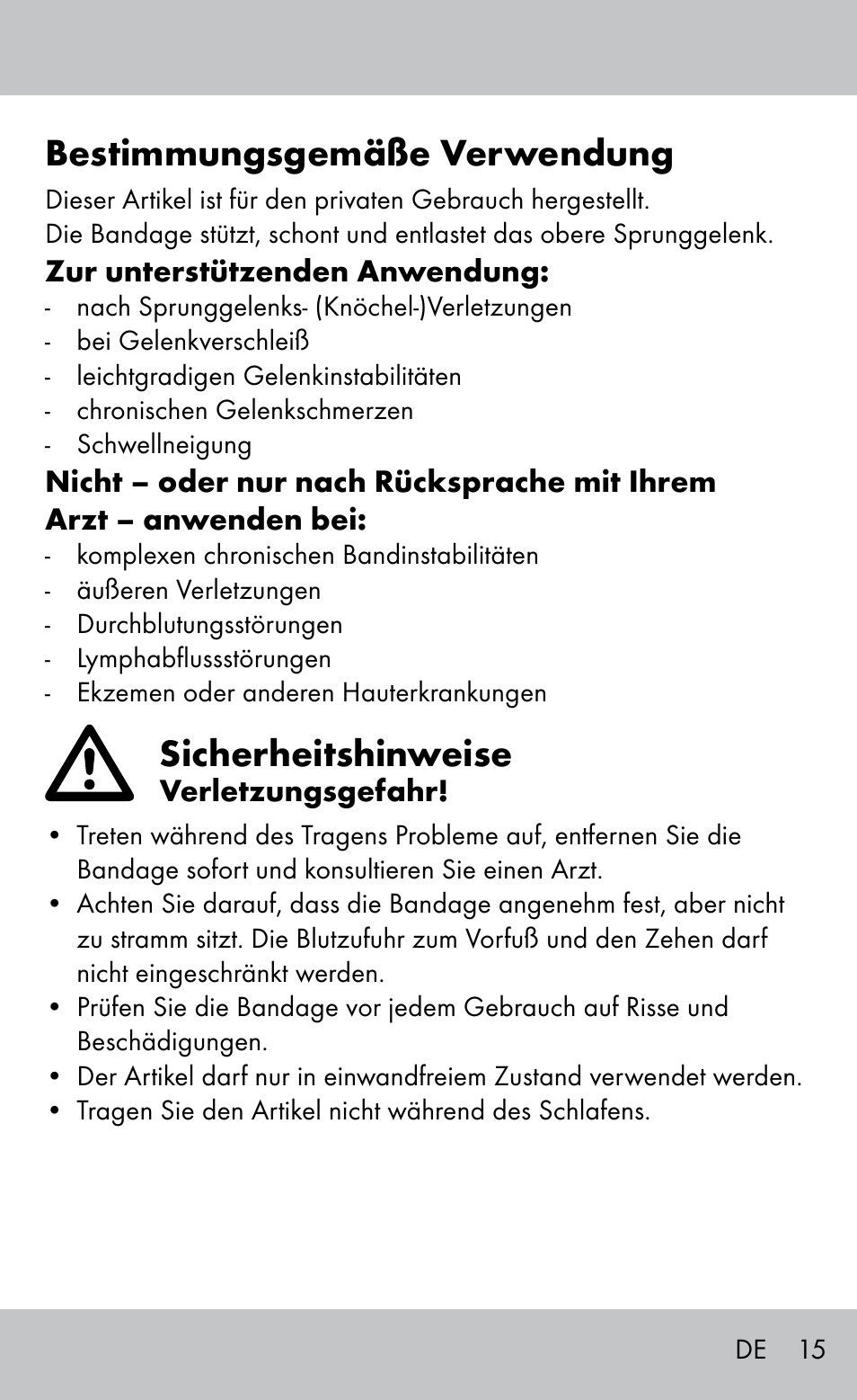 Bestimmungsgemäße verwendung, Sicherheitshinweise | Sensiplast Ankle Brace User Manual | Page 15 / 20