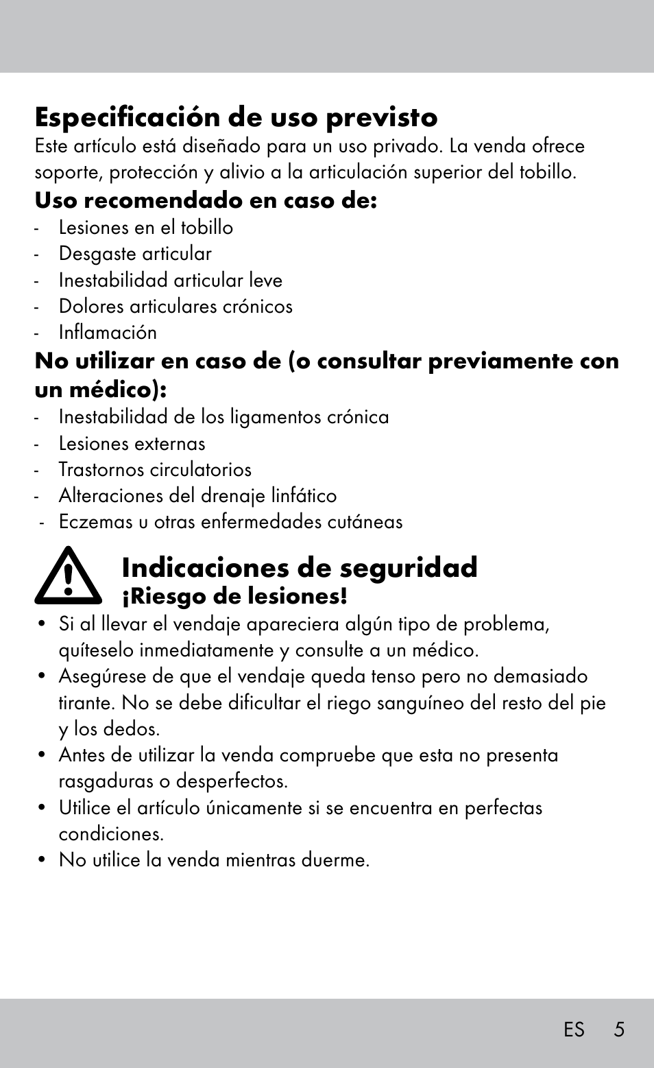 Especificación de uso previsto, Indicaciones de seguridad | Sensiplast Ankle Brace User Manual | Page 5 / 20