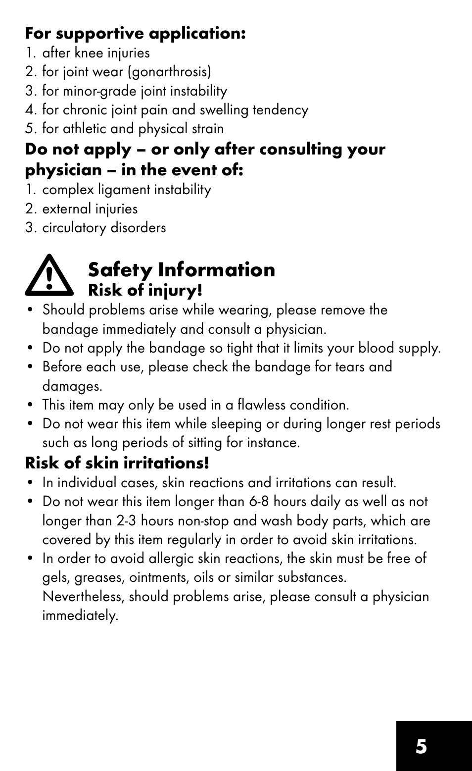 Safety information | Sensiplast Pro Comfort Knee Brace User Manual | Page 5 / 8