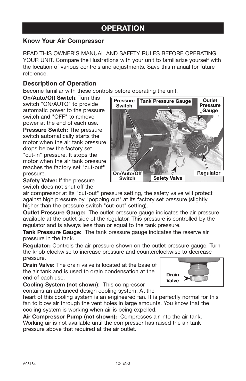 Operation, Description of operation, Know your air compressor | Delta 66-651-1 User Manual | Page 12 / 26