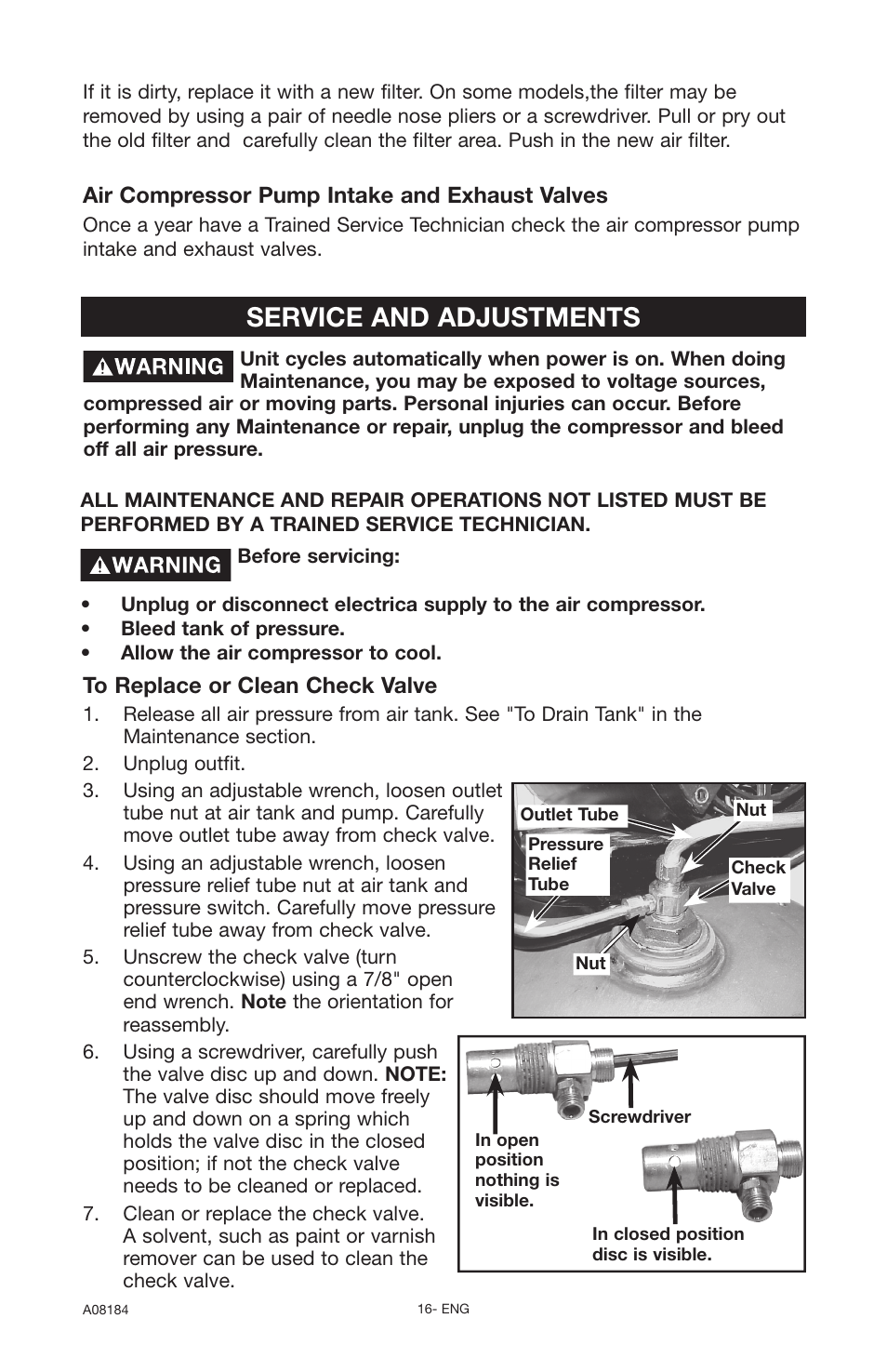 Service and adjustments, Air compressor pump intake and exhaust valves | Delta 66-651-1 User Manual | Page 16 / 26