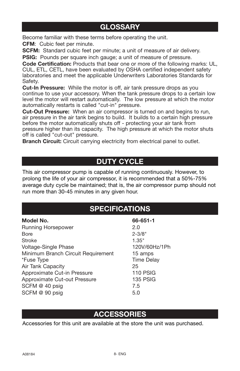 Glossary duty cycle, Accessories, Specifications | Delta 66-651-1 User Manual | Page 8 / 26