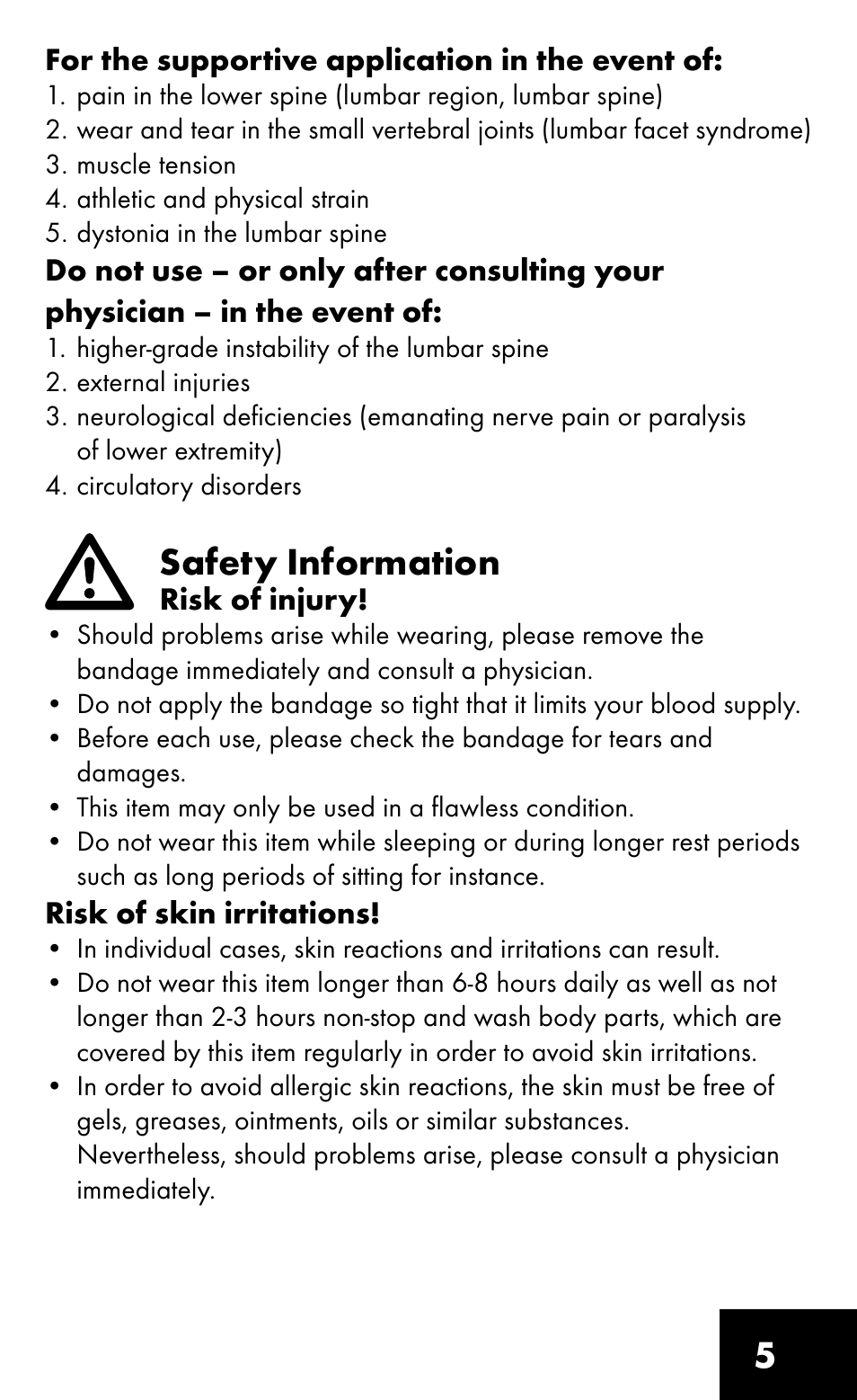 Safety information | Sensiplast Pro Comfort Back Brace User Manual | Page 5 / 8