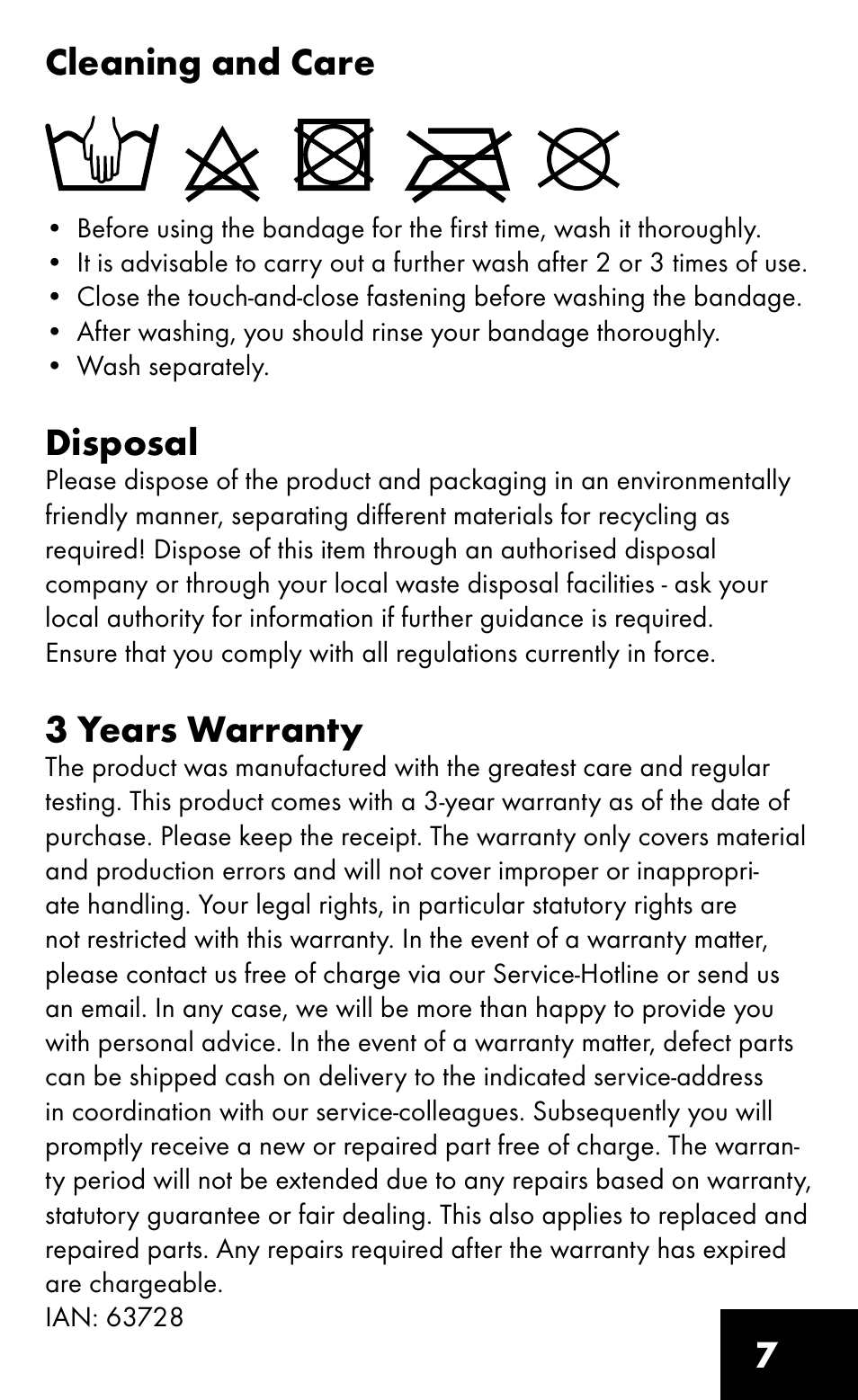 7cleaning and care, Disposal, 3 years warranty | Sensiplast Pro Comfort Back Brace User Manual | Page 7 / 8