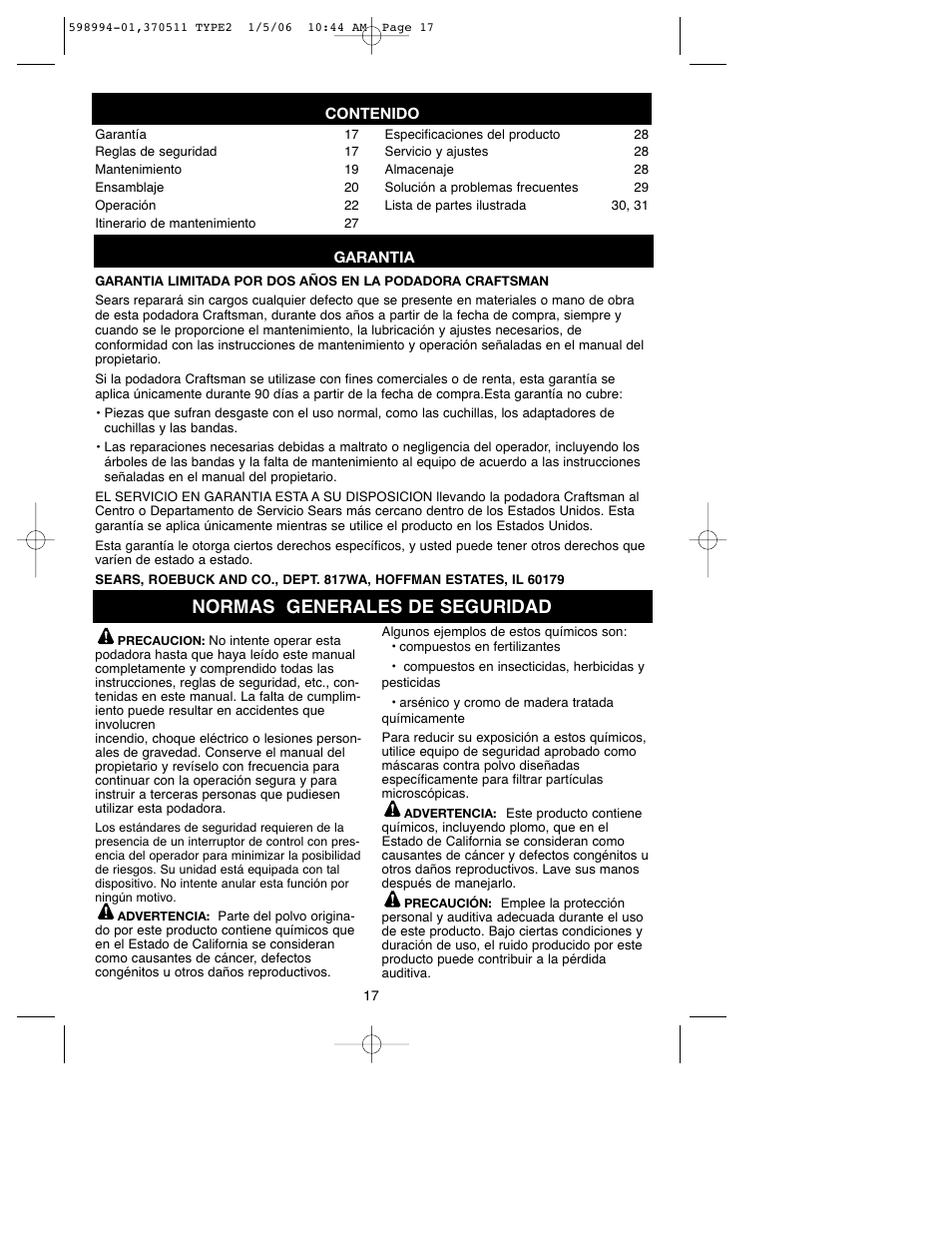 Normas generales de seguridad | Craftsman 900.370511 User Manual | Page 17 / 32