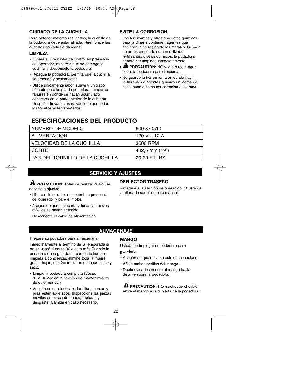 Especificaciones del producto | Craftsman 900.370511 User Manual | Page 28 / 32